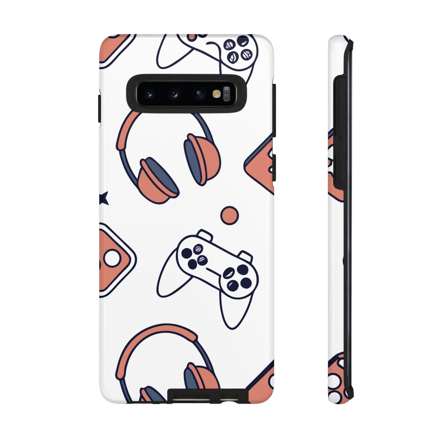 Durable Samsung phone case with gamer-themed design featuring controllers and headphones for robust protection and style