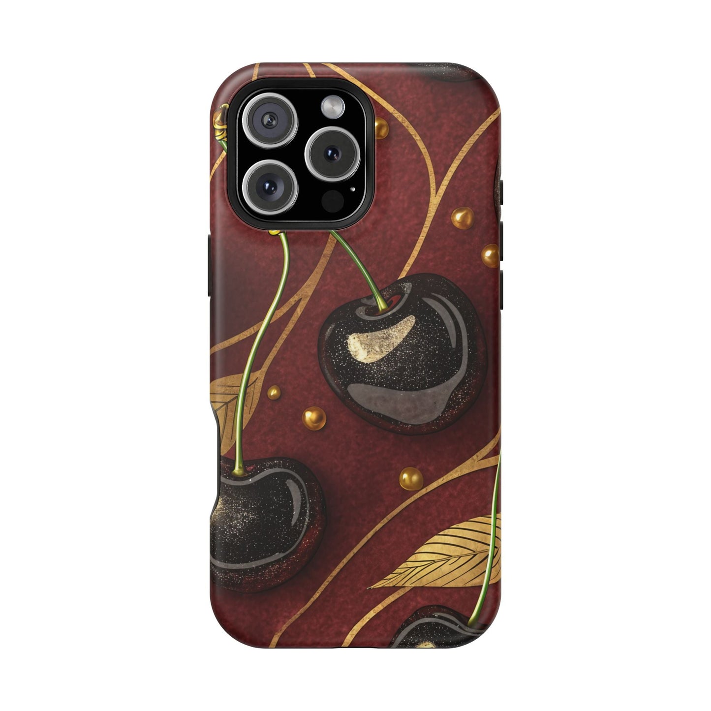 Golden Cherry iPhone Tough Case with cherry-gold design, durable dual-layer protection, and MagSafe compatibility for iPhone 13 to 17 Pro Max.