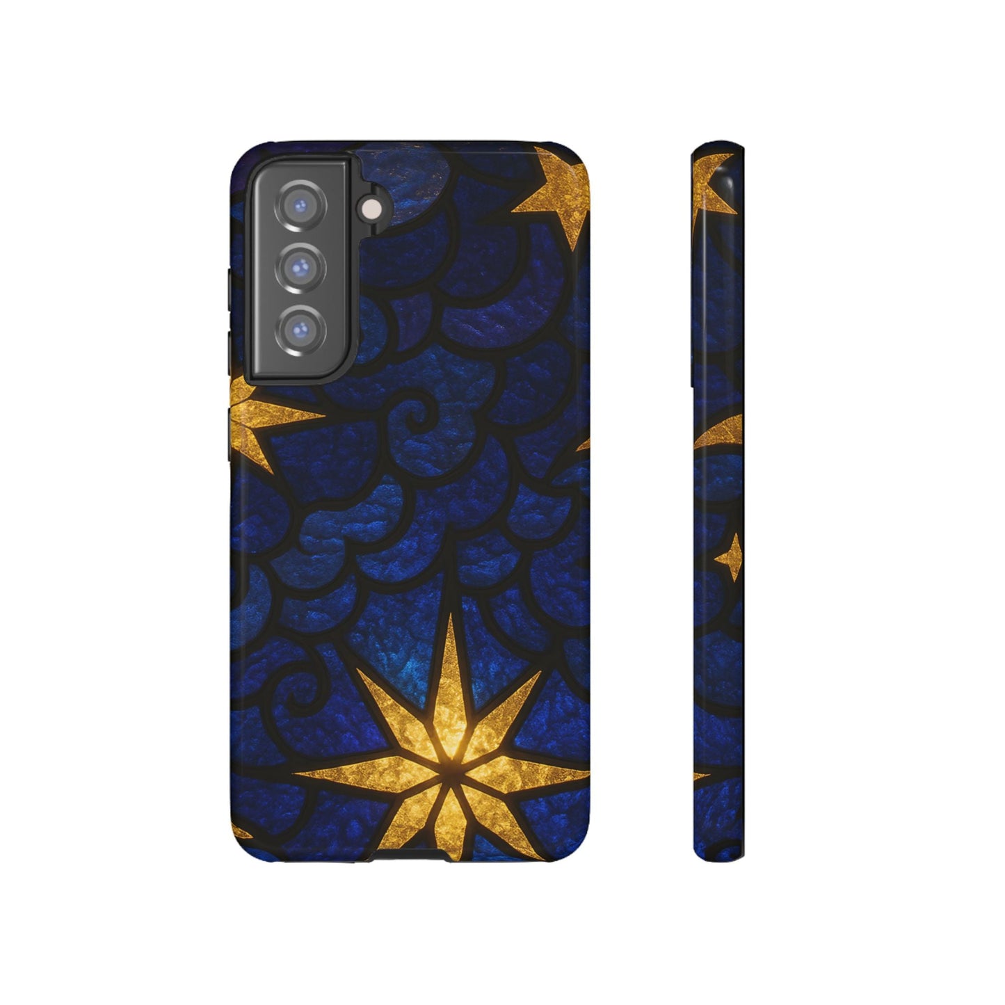 Samsung phone case with golden star design on dark blue background, durable and impact-resistant protection for Samsung Galaxy models