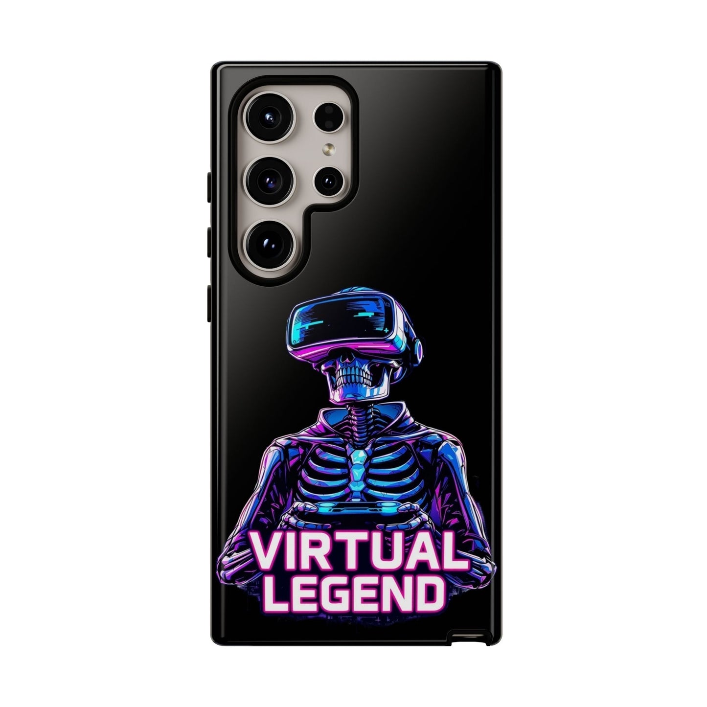 Samsung phone case with Virtual Legend Gamer Tough Case design featuring neon skeleton with VR headset and controller on black background