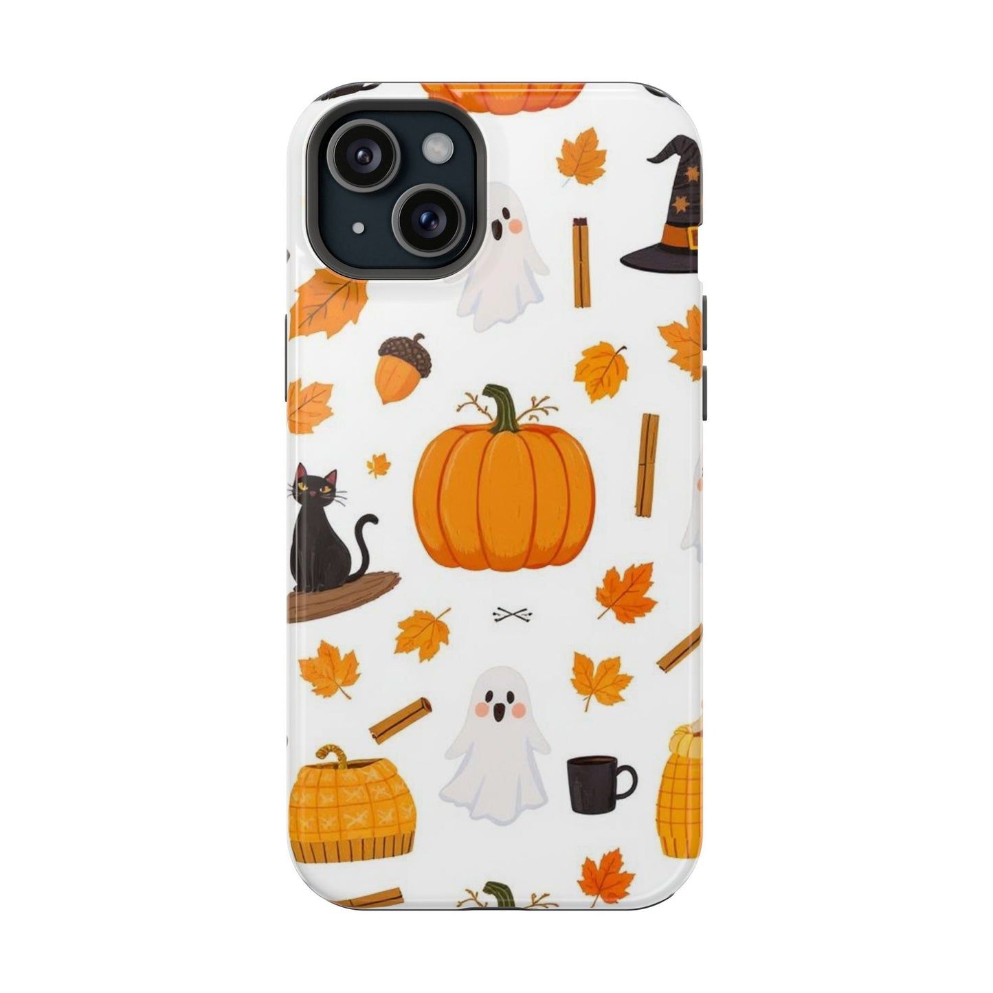 iPhone case with Halloween pumpkins, ghosts, black cat, and autumn leaves design, durable MagSafe compatible phone cover