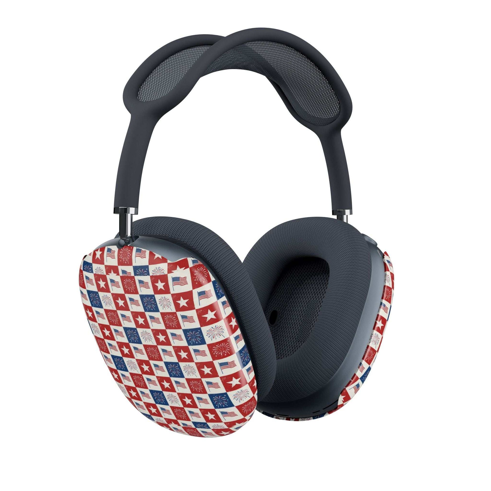 Patriotic red white and blue checkered AirPods Max covers for 4th of July with durable lightweight polycarbonate shell