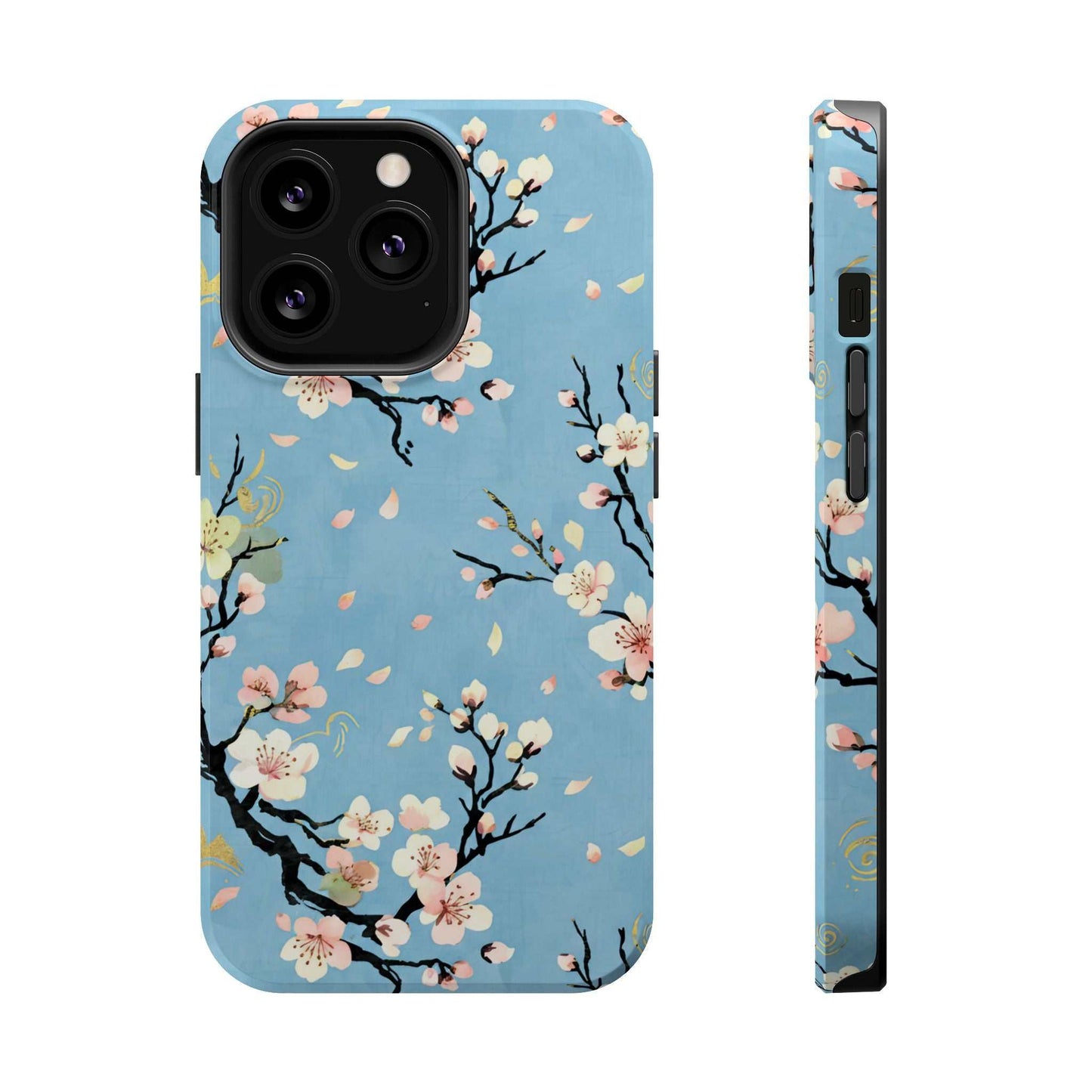 Spring Bloom iPhone Tough Case with blue background and floral cherry blossom design, durable protective phone case compatible with MagSafe.