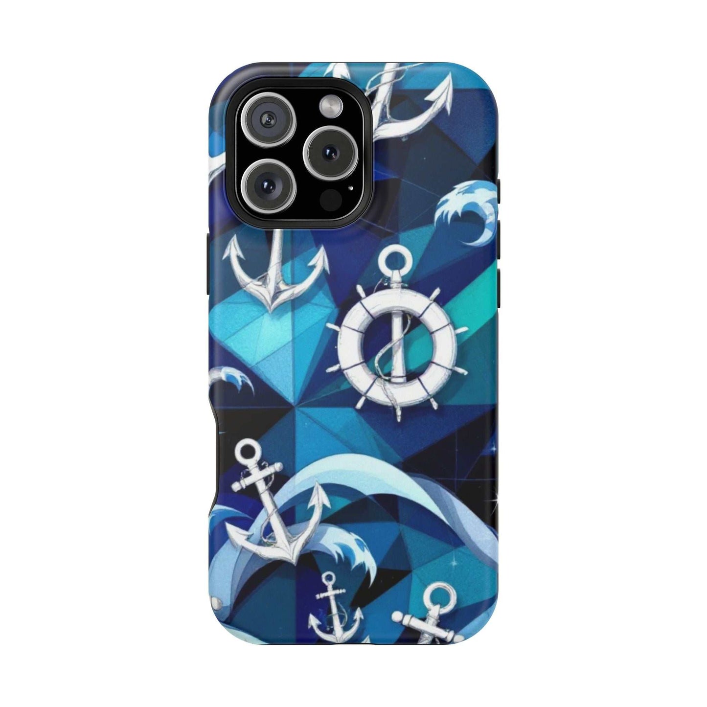 Durable Nautical Anchors iPhone Case with maritime design and MagSafe compatibility in blue tones