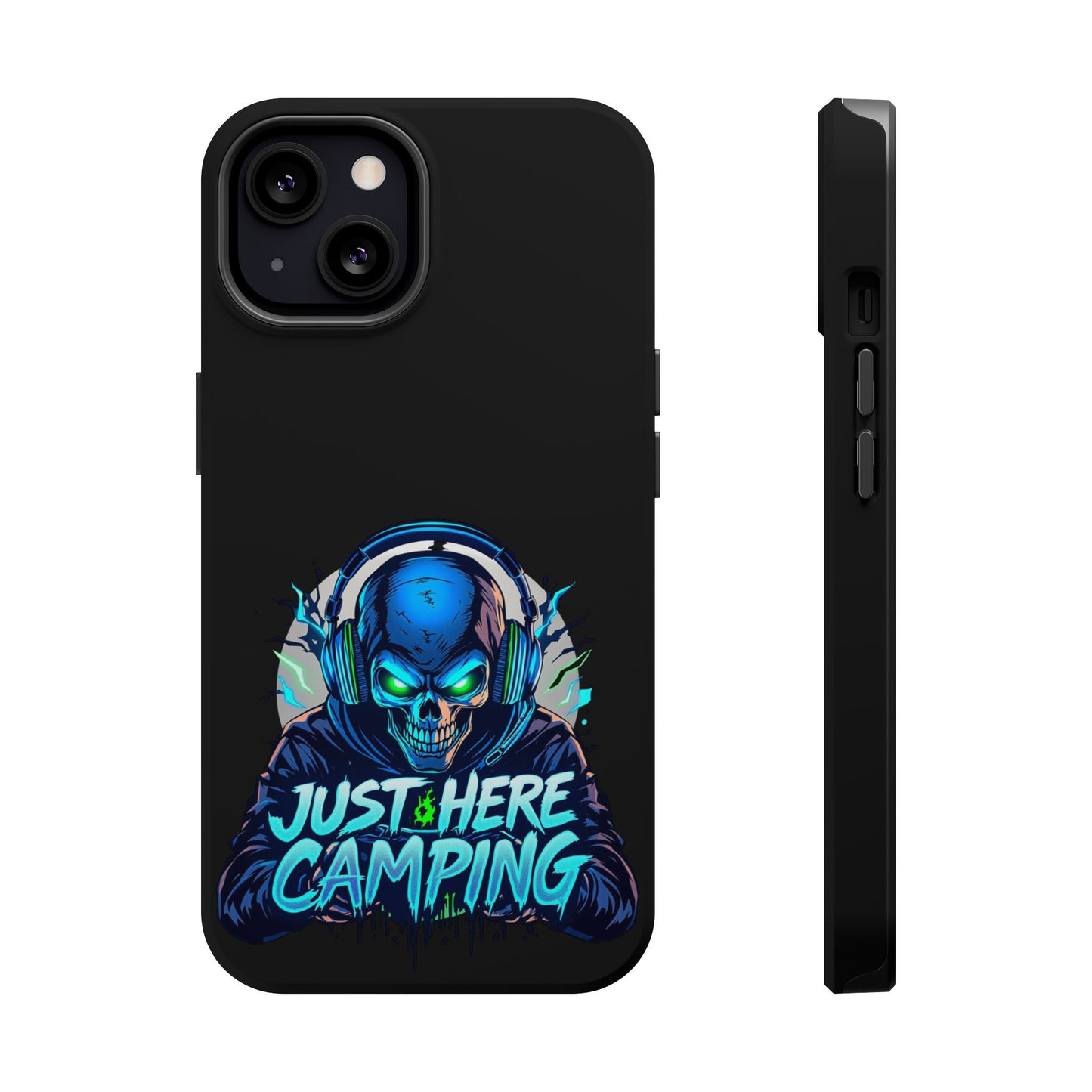 Black iPhone tough case with vibrant "Just Here Camping Gamer" skull design wearing headphones and game controller illustration