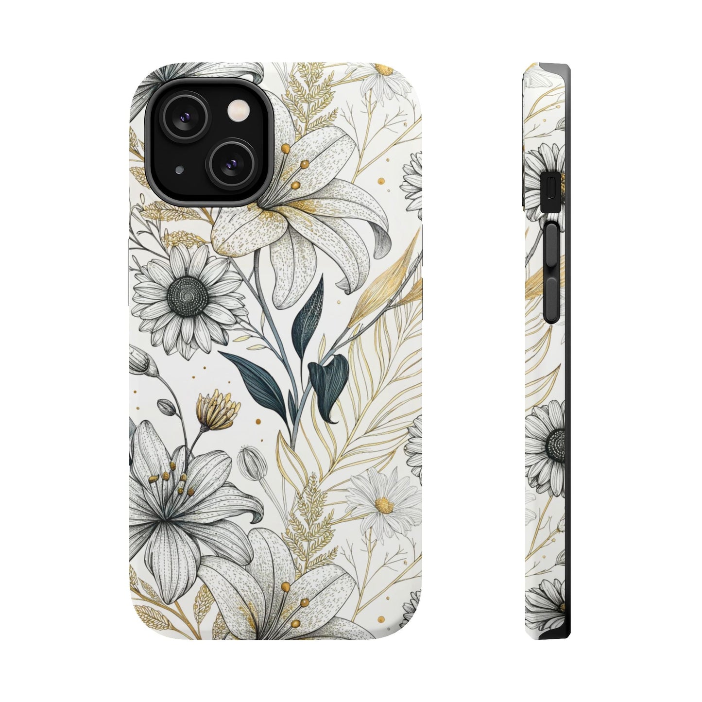 Golden Leaf Flower tough iPhone case with modern minimalist floral design and MagSafe compatibility