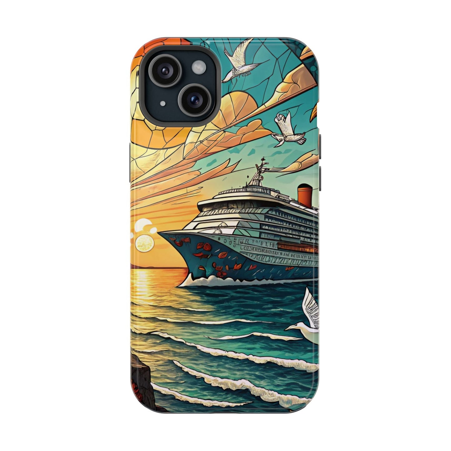 Cruise Vacation iPhone case with colorful cruise ship and ocean sunset design, dual-layer protective tough case with MagSafe support