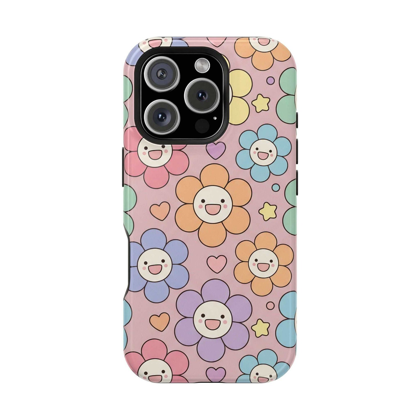 Happy Flower iPhone Tough Case with colorful smiling floral pattern and MagSafe compatibility