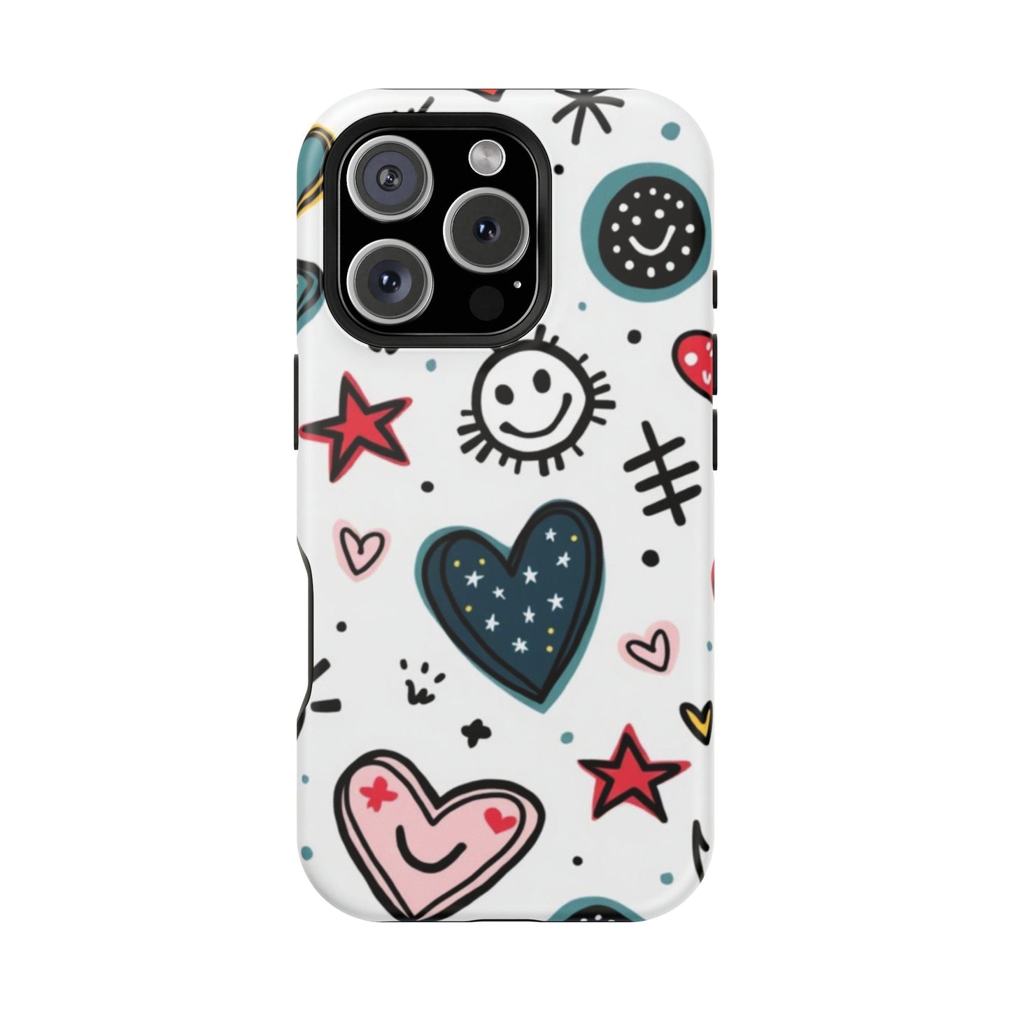 iPhone tough case with colorful cartoon hearts and smiles design for durable protection and MagSafe compatibility