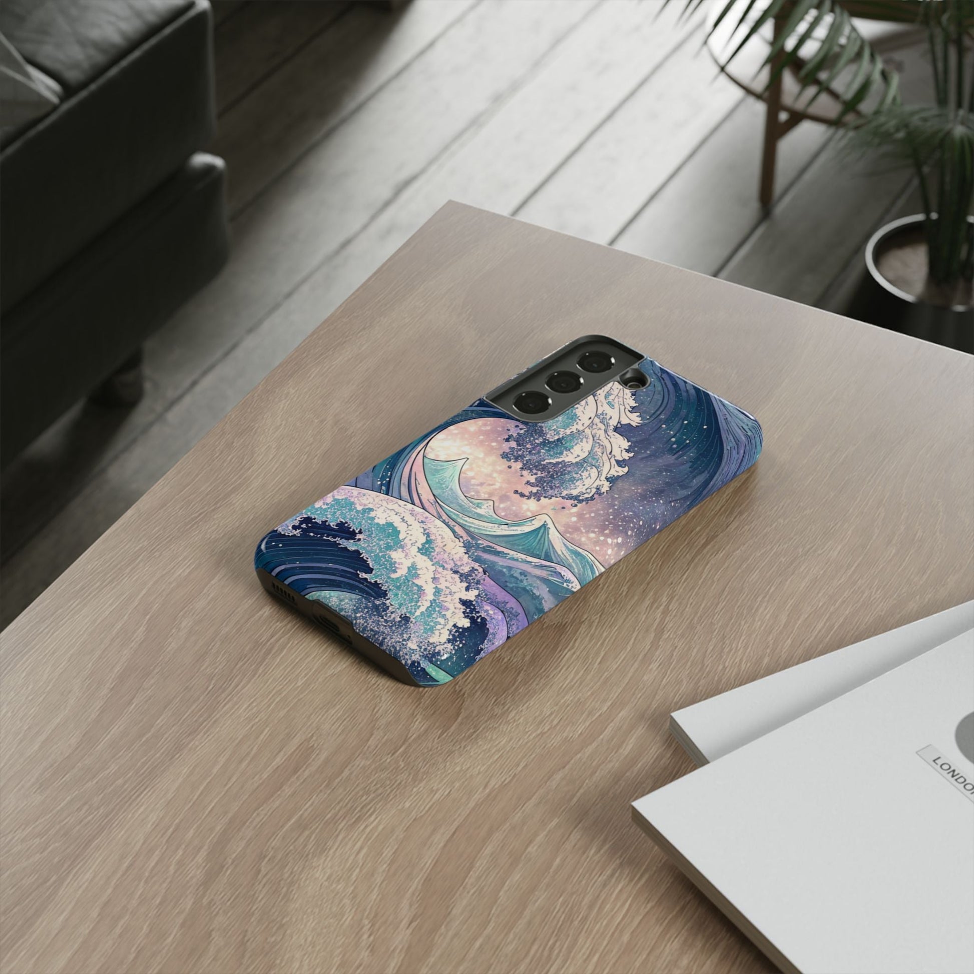 Crashing Waves Samsung tough phone case with durable ocean wave design on wooden table