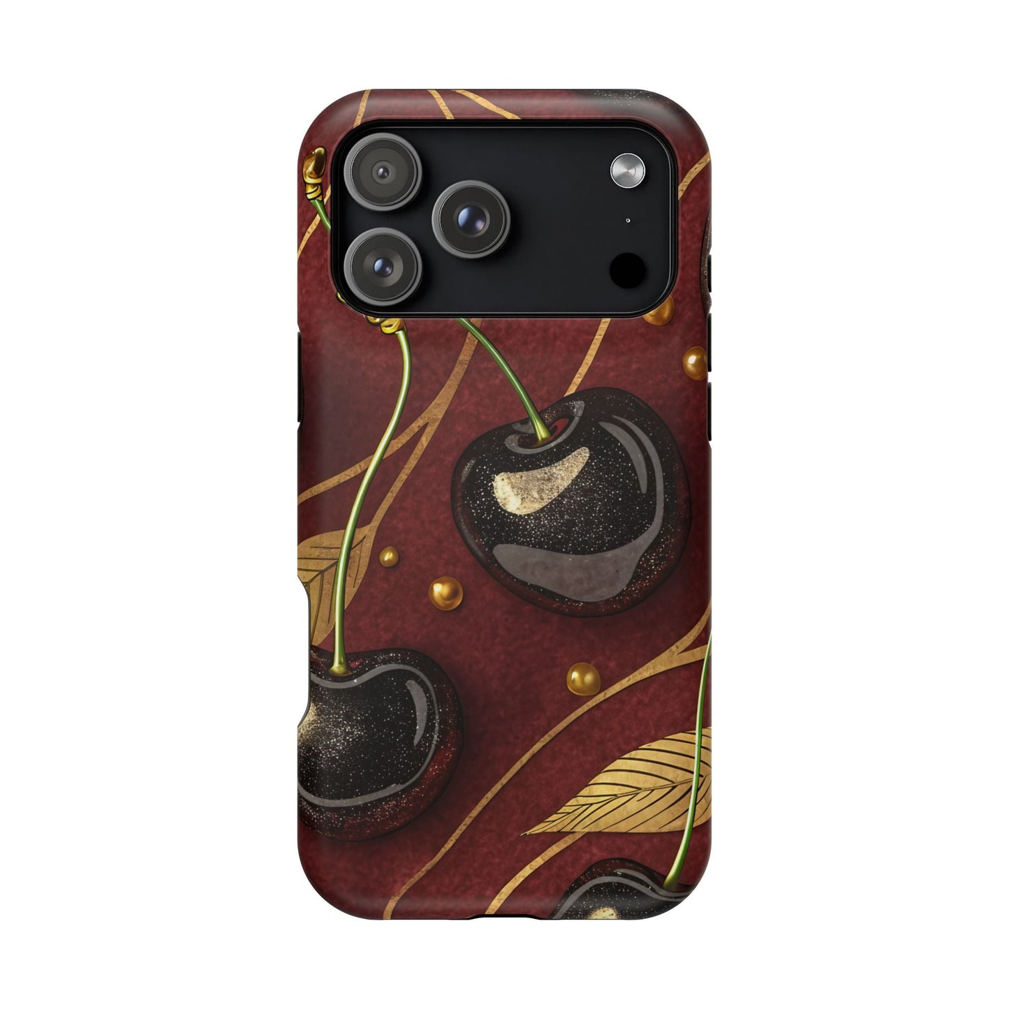 Golden Cherry iPhone Tough Case with vibrant cherry-gold design and MagSafe compatibility for iPhone 13 to 17 Pro Max
