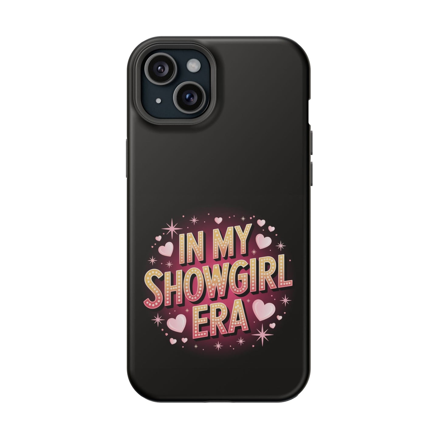 black phone case with In My Showgirl Era retro glam design and heart accents