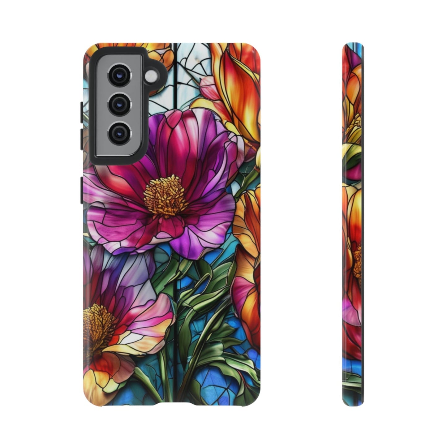 Samsung phone case with vibrant purple flower design, durable impact-resistant protection, and UV-resistant vibrant 3D wrap for wireless charging support