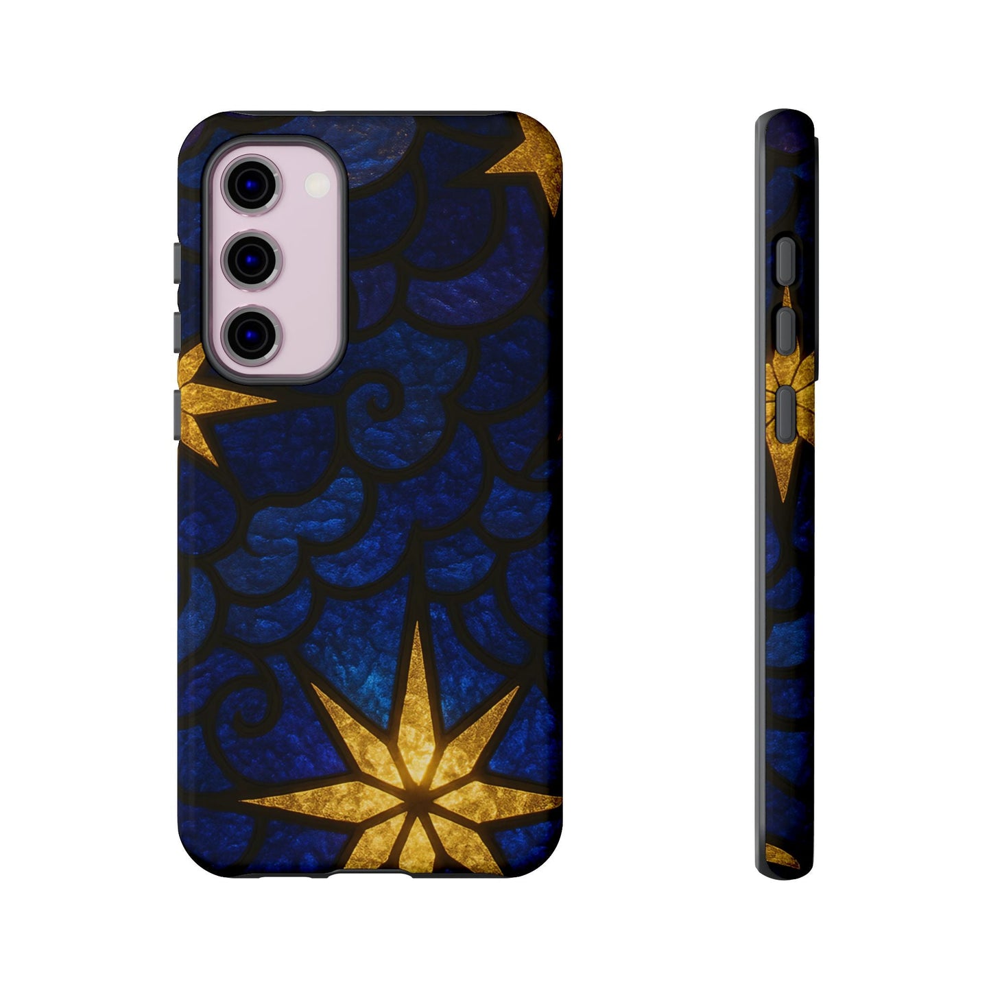 Samsung phone case with golden star design and blue textured background, durable and impact-resistant protection