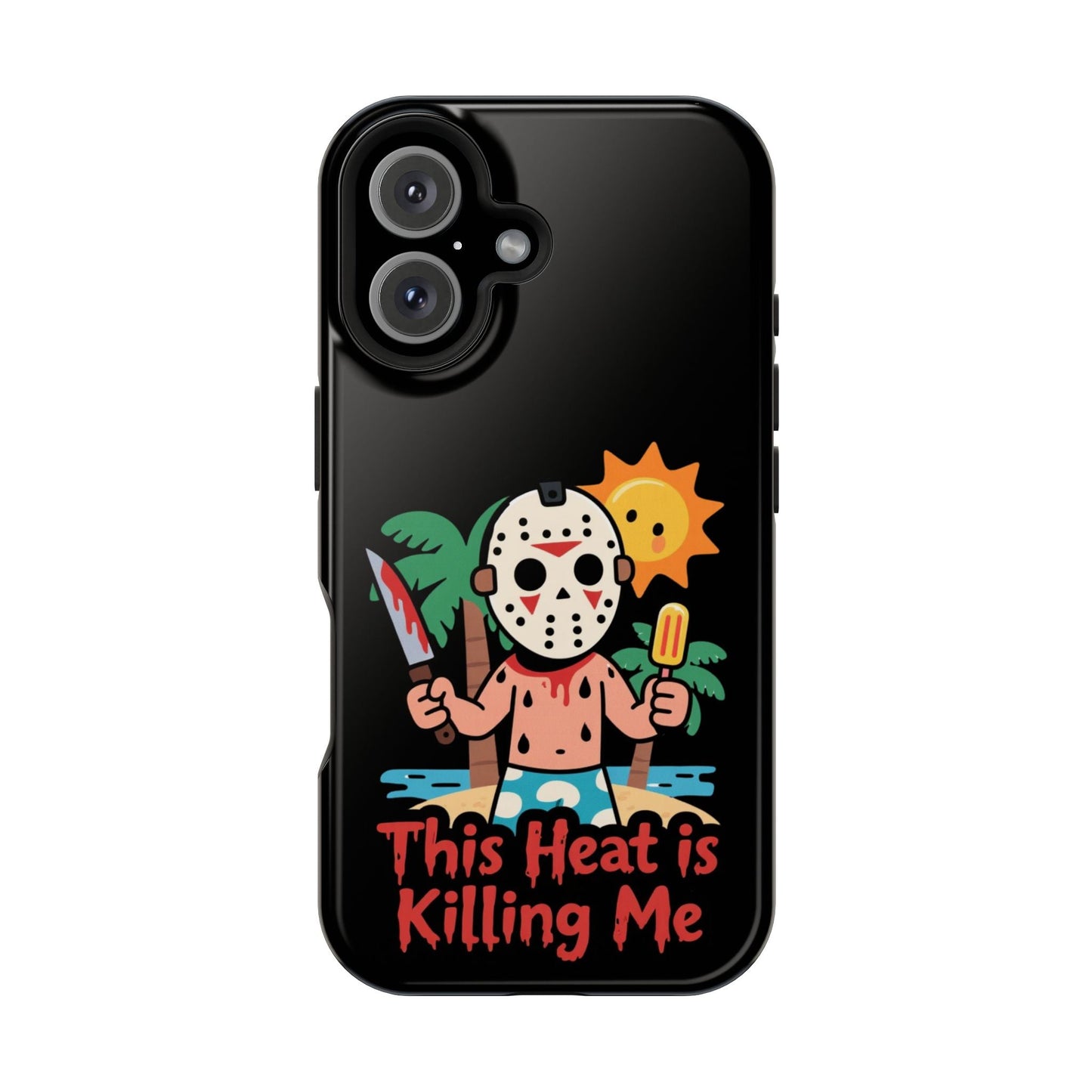 Black iPhone case with cartoon Jason mask character holding popsicle and knife under sunny palm trees with text "This Heat is Killing Me"
