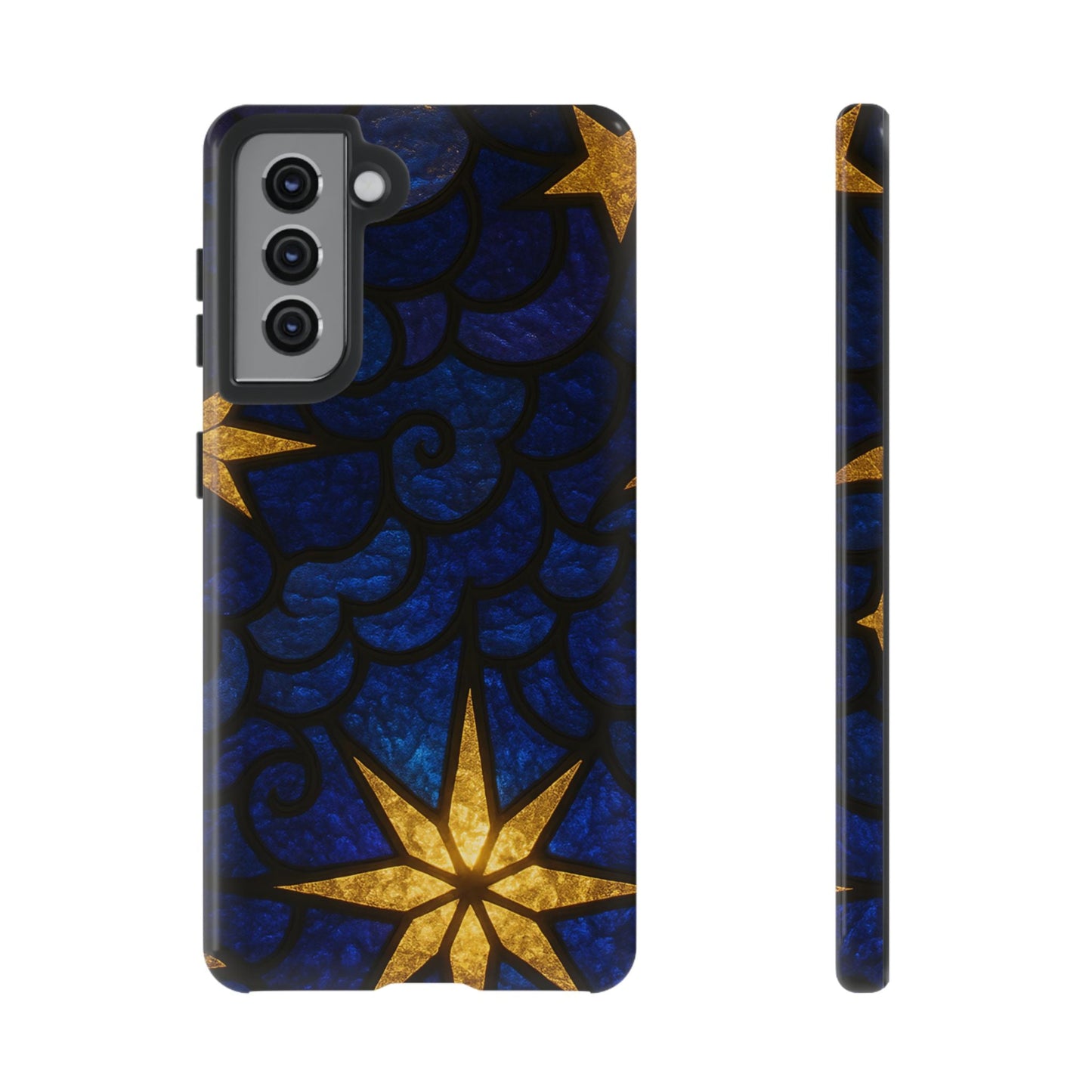 Samsung phone case with golden star design on a blue textured background, durable protective cover for Galaxy models.