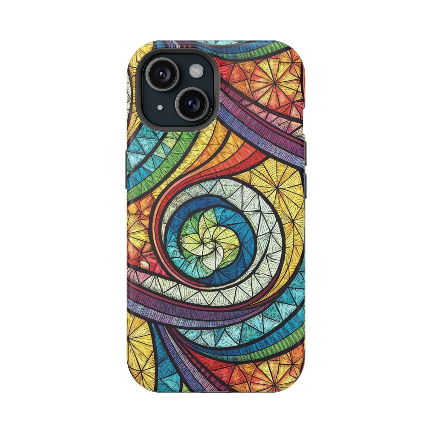 Stained glass inspired rainbow swirl iPhone case with durable protective design and MagSafe compatibility