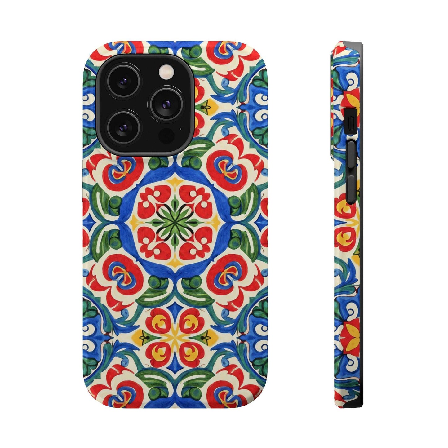 Mediterranean iPhone case with colorful folk tile art pattern and MagSafe compatibility