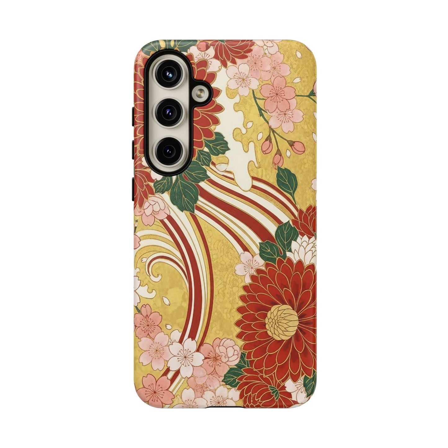 Samsung Case with Japanese floral gold chrysanthemum design, durable and impact-resistant phone protector