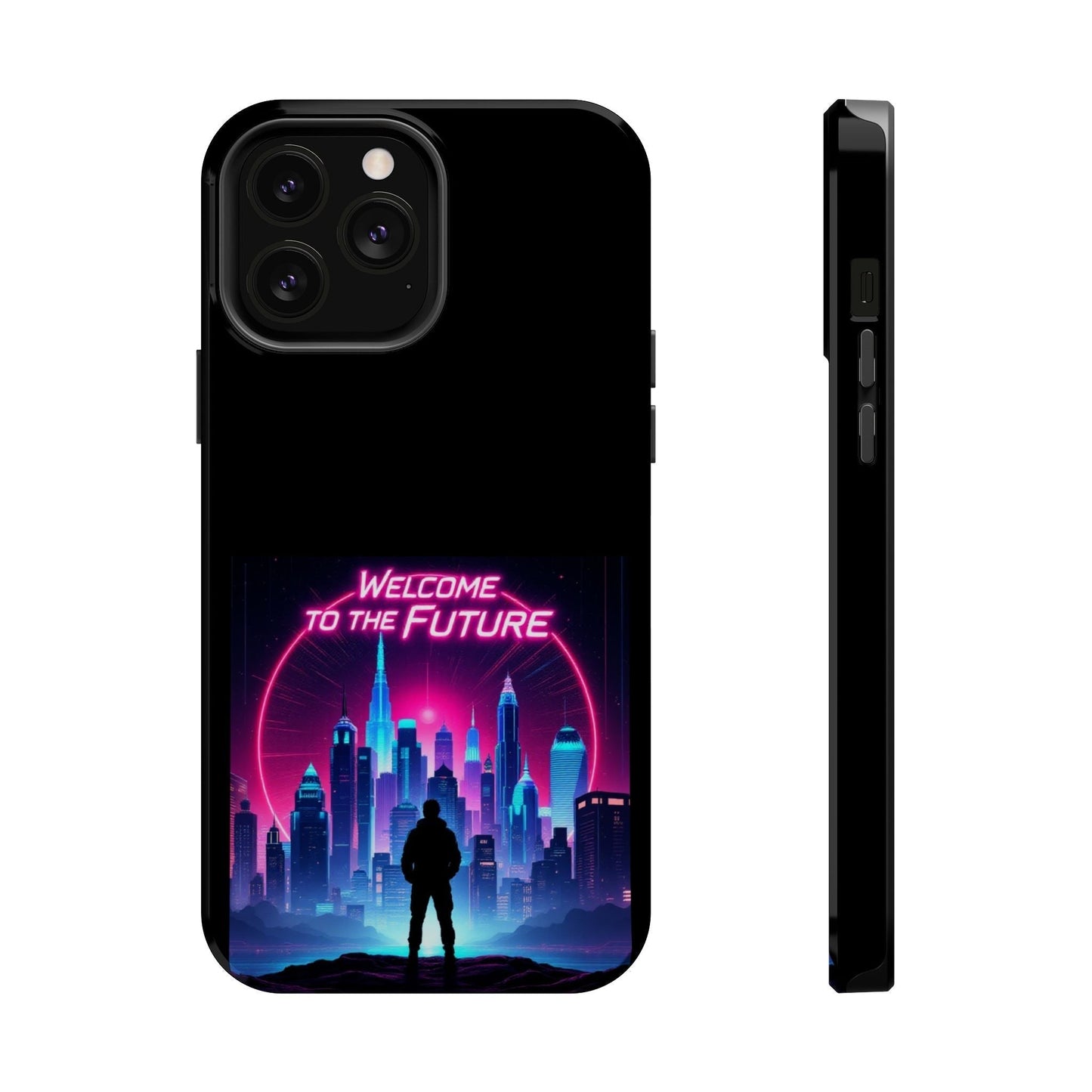Futuristic Vibe iPhone Case with neon cityscape and "Welcome to the Future" text, durable MagSafe compatible tough case