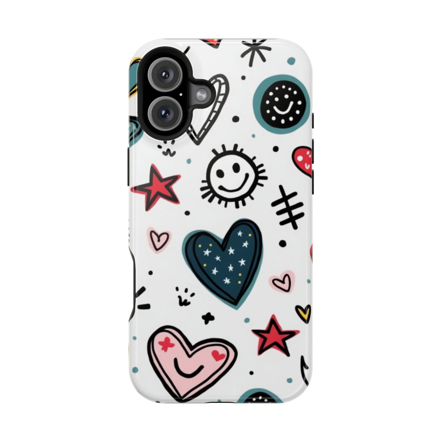 iPhone tough case with colorful cartoon hearts and smiles design, durable dual-layer protection, MagSafe compatible