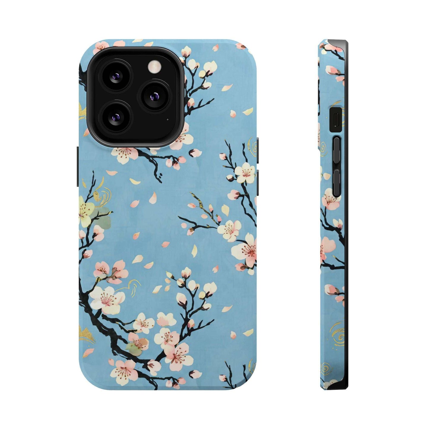 Spring Bloom iPhone Tough Case with floral design and MagSafe compatibility on blue background
