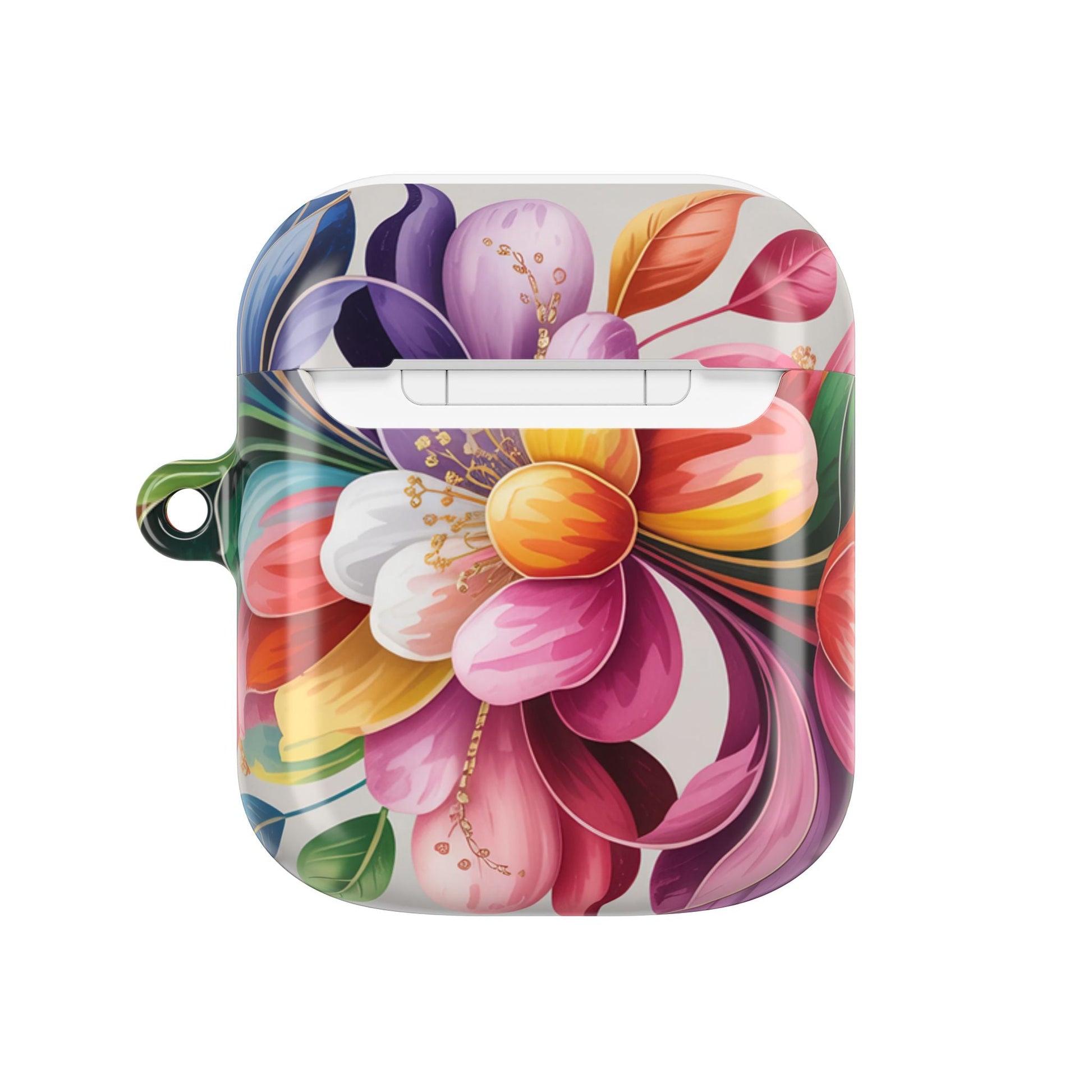 Floral inspired durable polycarbonate AirPod case with carabiner, scratch-resistant and lightweight design.