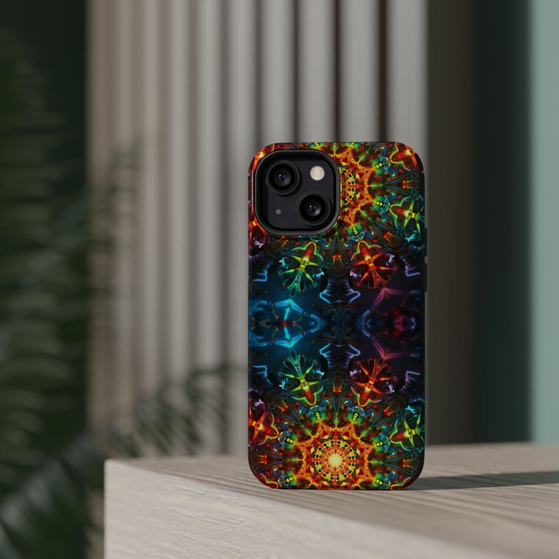 iPhone case with vibrant Abstract Kaleidoscope Design, dual-layer protection, and MagSafe compatibility