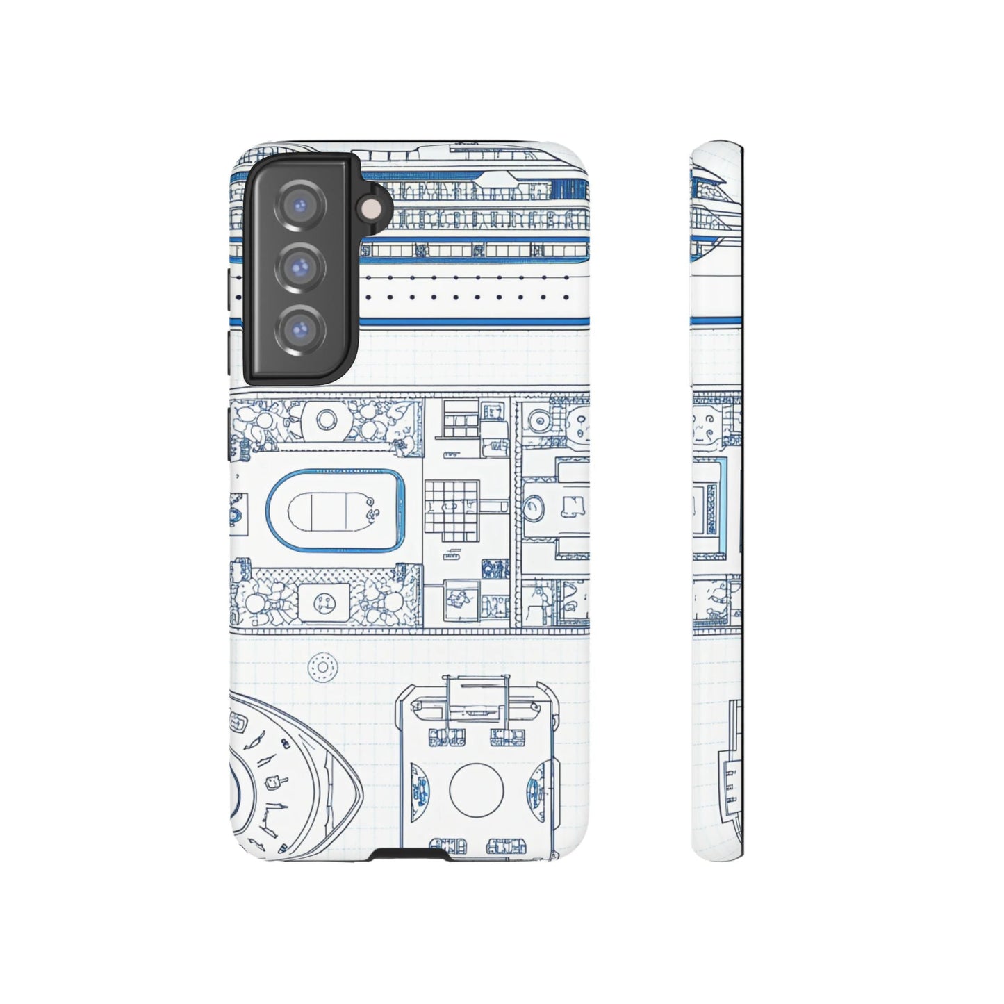 Samsung phone case with detailed blue and white cruise ship design blueprint for durable protection and stylish look