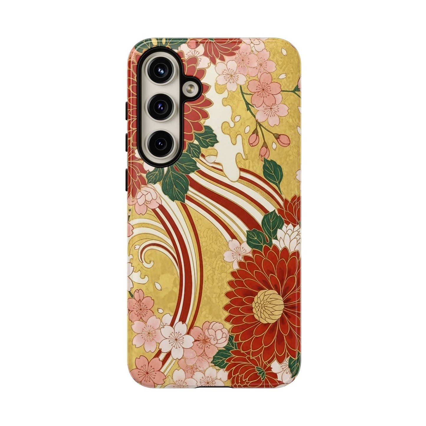 Samsung case with Japanese floral gold chrysanthemum design, durable and impact-resistant phone cover