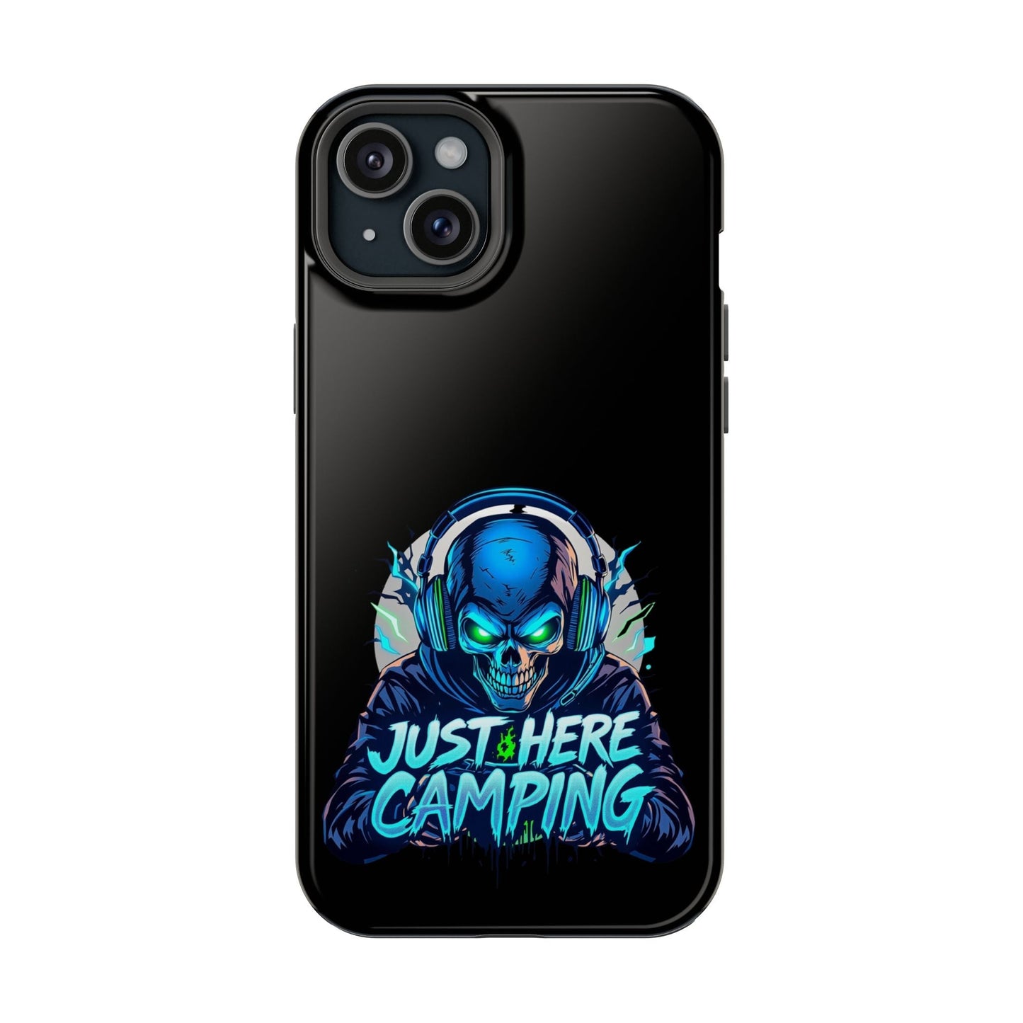 Black iPhone tough case with vibrant "Just Here Camping Gamer" skull design wearing headphones, durable dual-layer protection with MagSafe compatibility