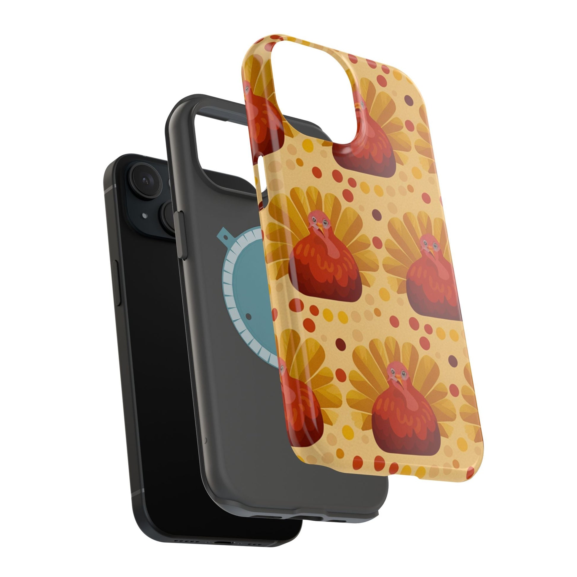 Turkey Celebration iPhone Case with vibrant turkey design, dual-layer magnetic tough protection, and MagSafe compatibility