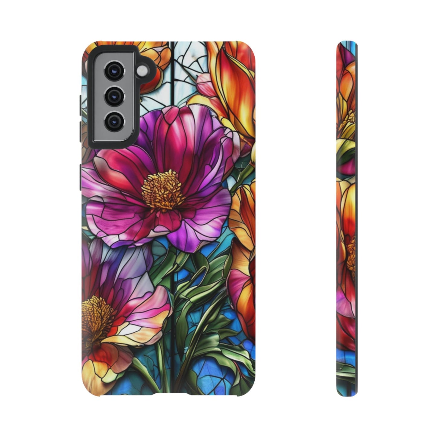 Samsung phone case with vibrant purple flower design, durable impact-resistant protection, and UV coating