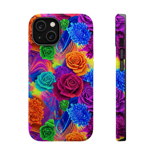 iPhone tough case with vibrant seamless floral pattern, impact-resistant dual-layer design, MagSafe compatible, glossy or matte finish