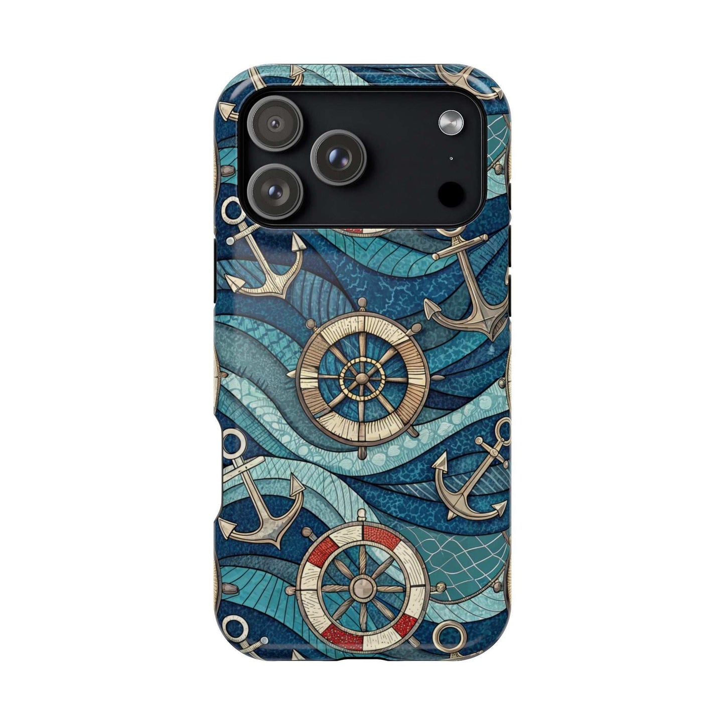 Nautical Theme iPhone Case with anchors and ship wheels on blue ocean waves design for iPhone 13 to 16 series