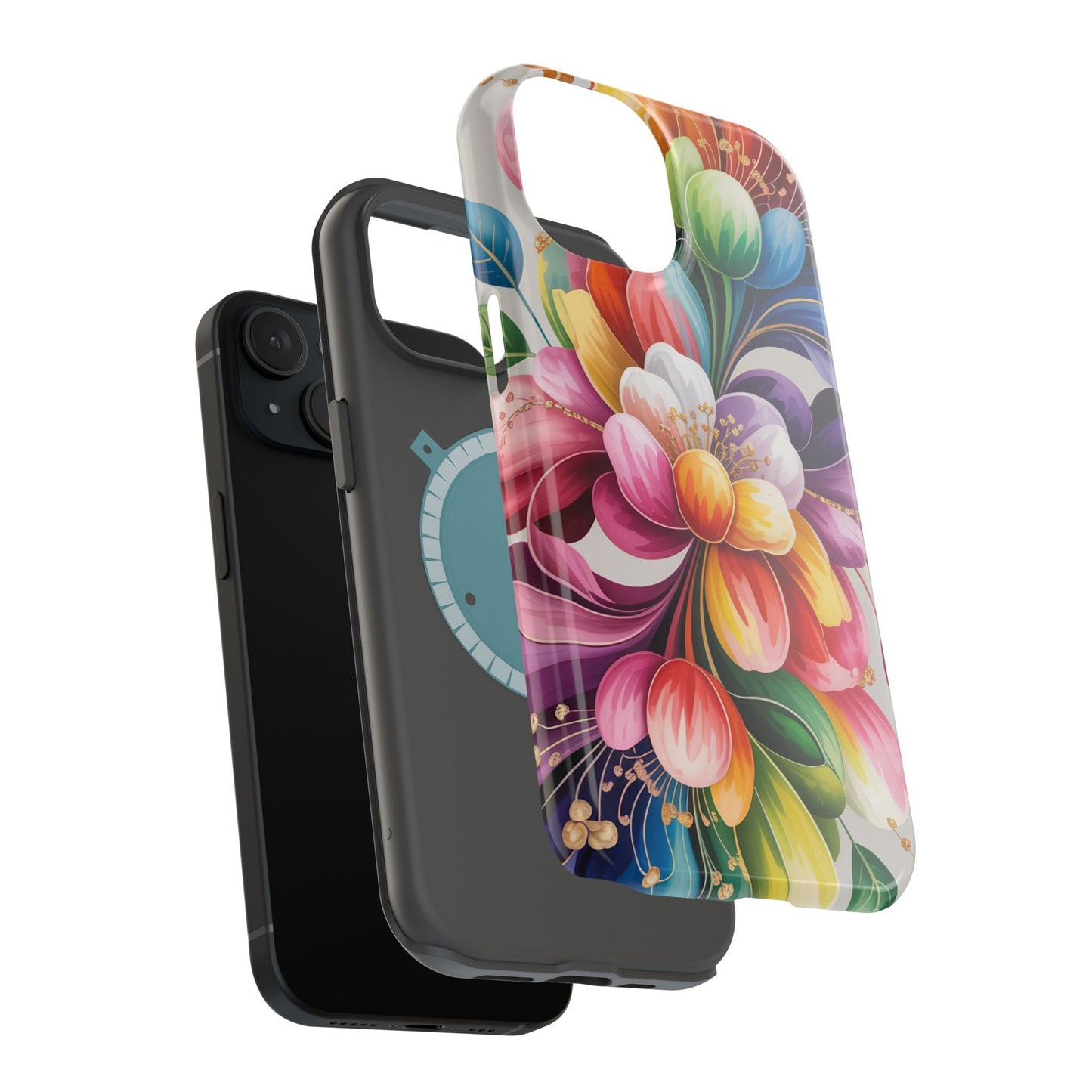 Vibrant Floral iPhone Case with dual-layer protection and MagSafe compatibility showing colorful floral design on durable cover