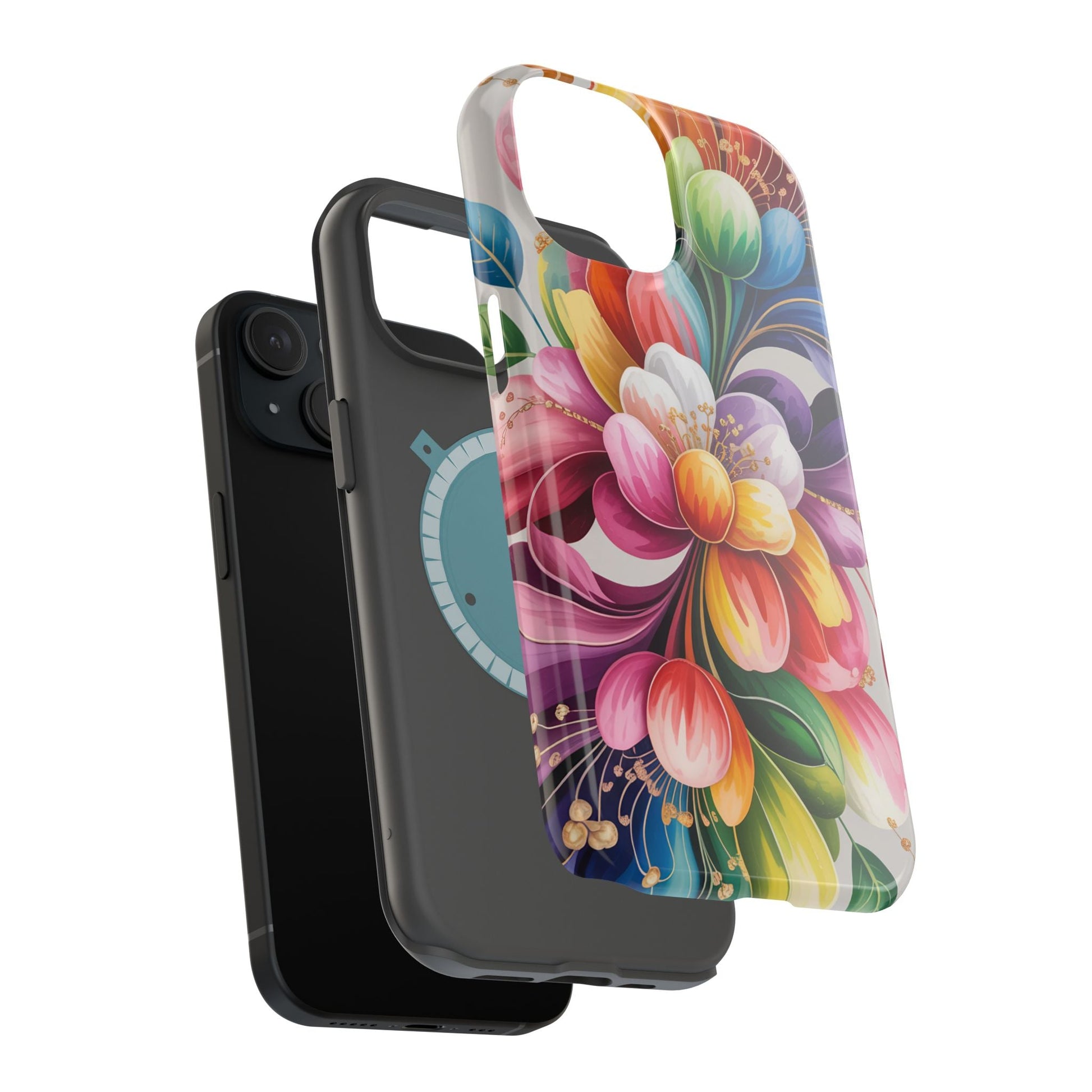 Vibrant Floral iPhone Case with dual-layer protection and MagSafe compatibility showing colorful floral design on durable cover