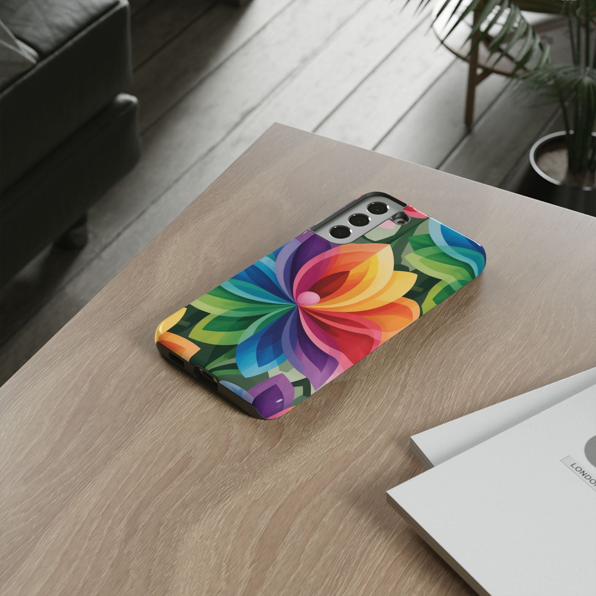 Samsung Tough Case with vibrant rainbow flower design for phone protection and style