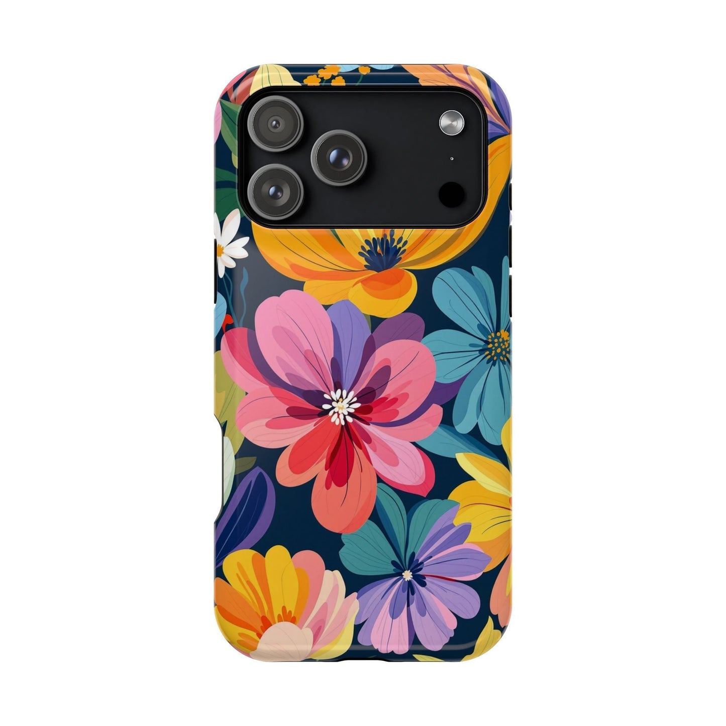 iPhone 17 case with vibrant colorful floral design, durable polycarbonate with TPU liner, MagSafe compatible