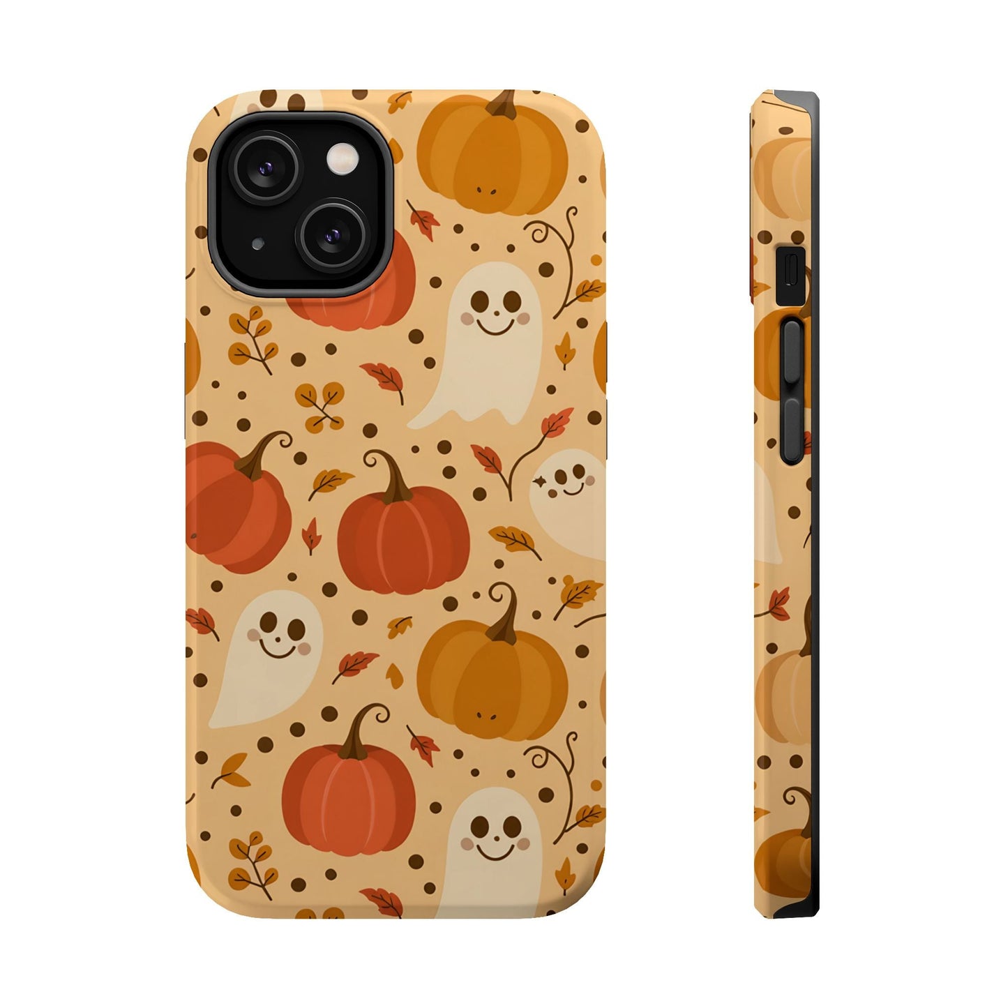 Spooky Pumpkins iPhone Case with Halloween ghost and pumpkin design, durable protective phone cover with MagSafe compatibility