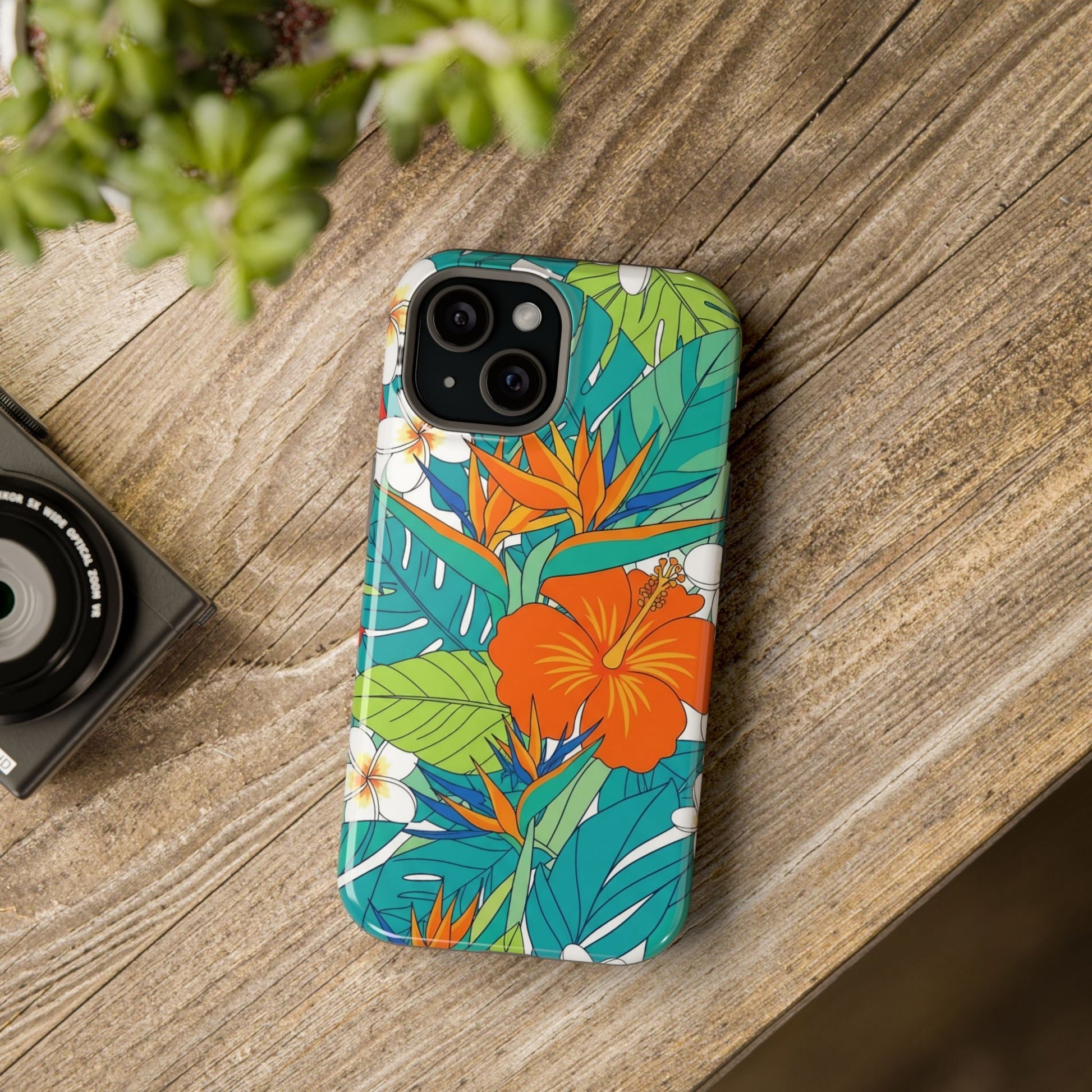 Vibrant floral iPhone case with colorful tropical flower design and durable polycarbonate protection