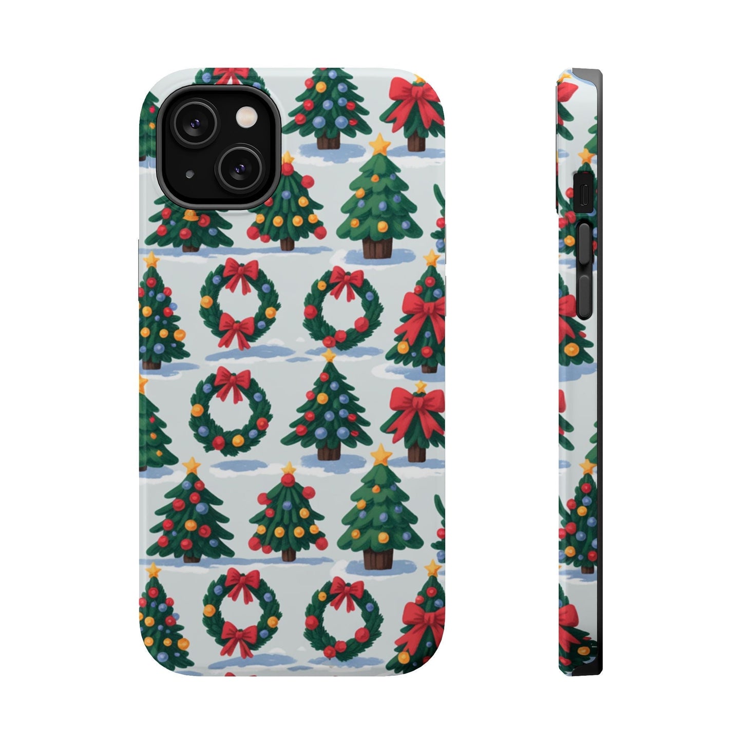 iPhone case with festive Holiday Tree and Wreath pattern, durable dual-layer protection, MagSafe compatible, seasonal Christmas design