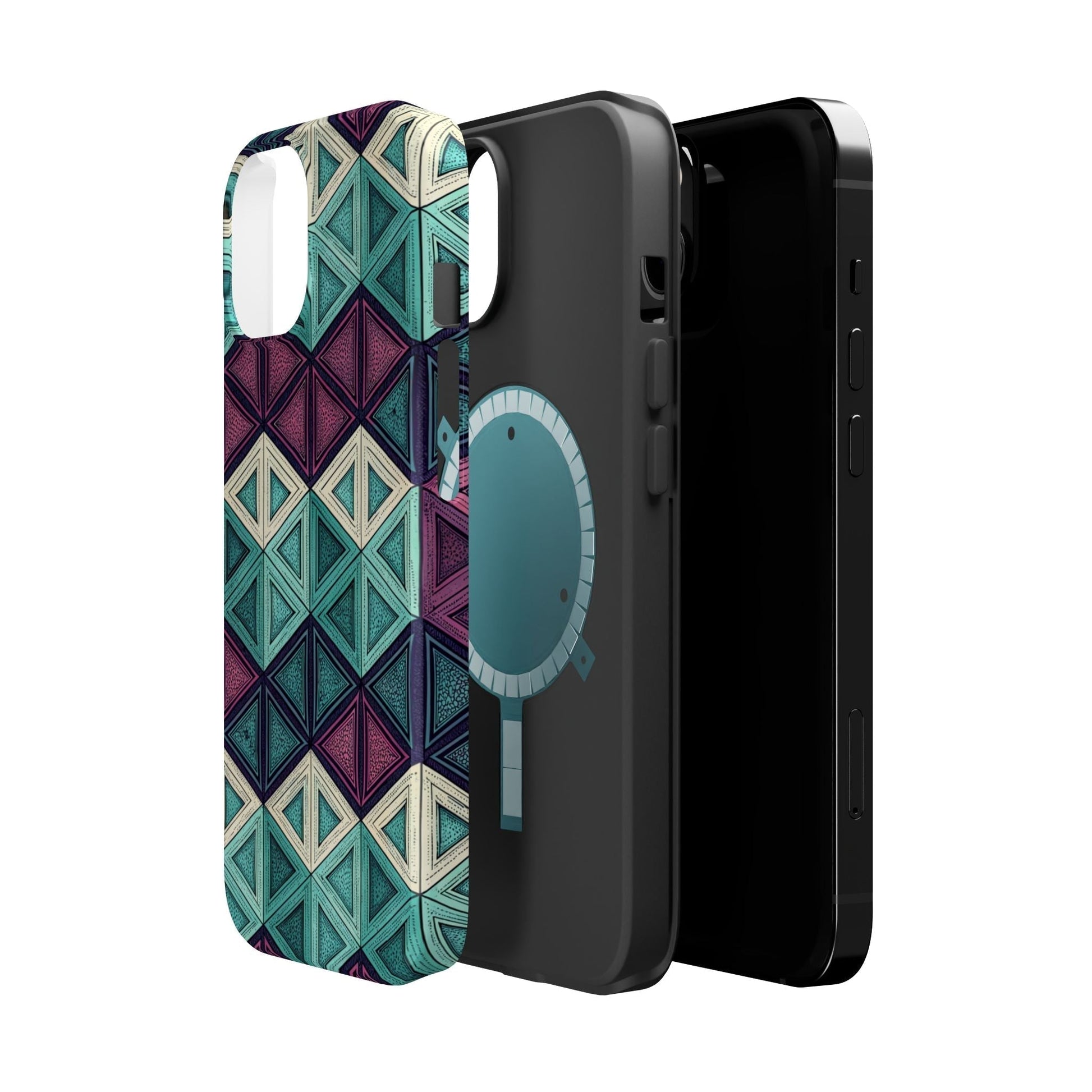 Purple and teal abstract magnetic tough iPhone case with geometric design and MagSafe compatibility
