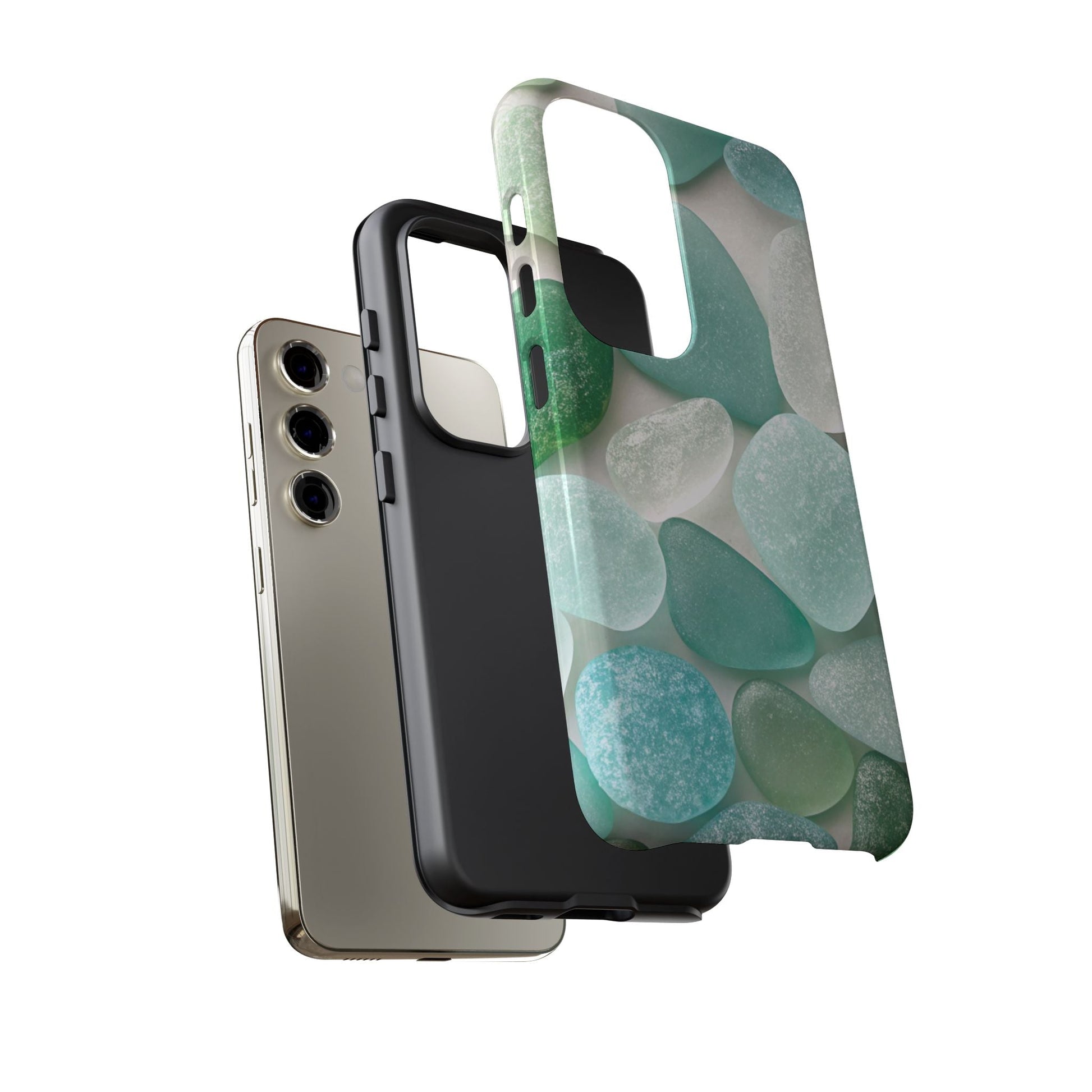 Samsung phone case with sea glass design featuring calming beachy colors and durable impact-resistant protection