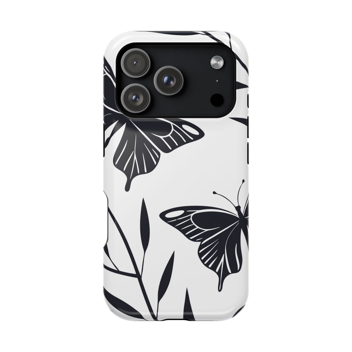 iPhone case with black and white butterfly minimalist design and MagSafe compatibility