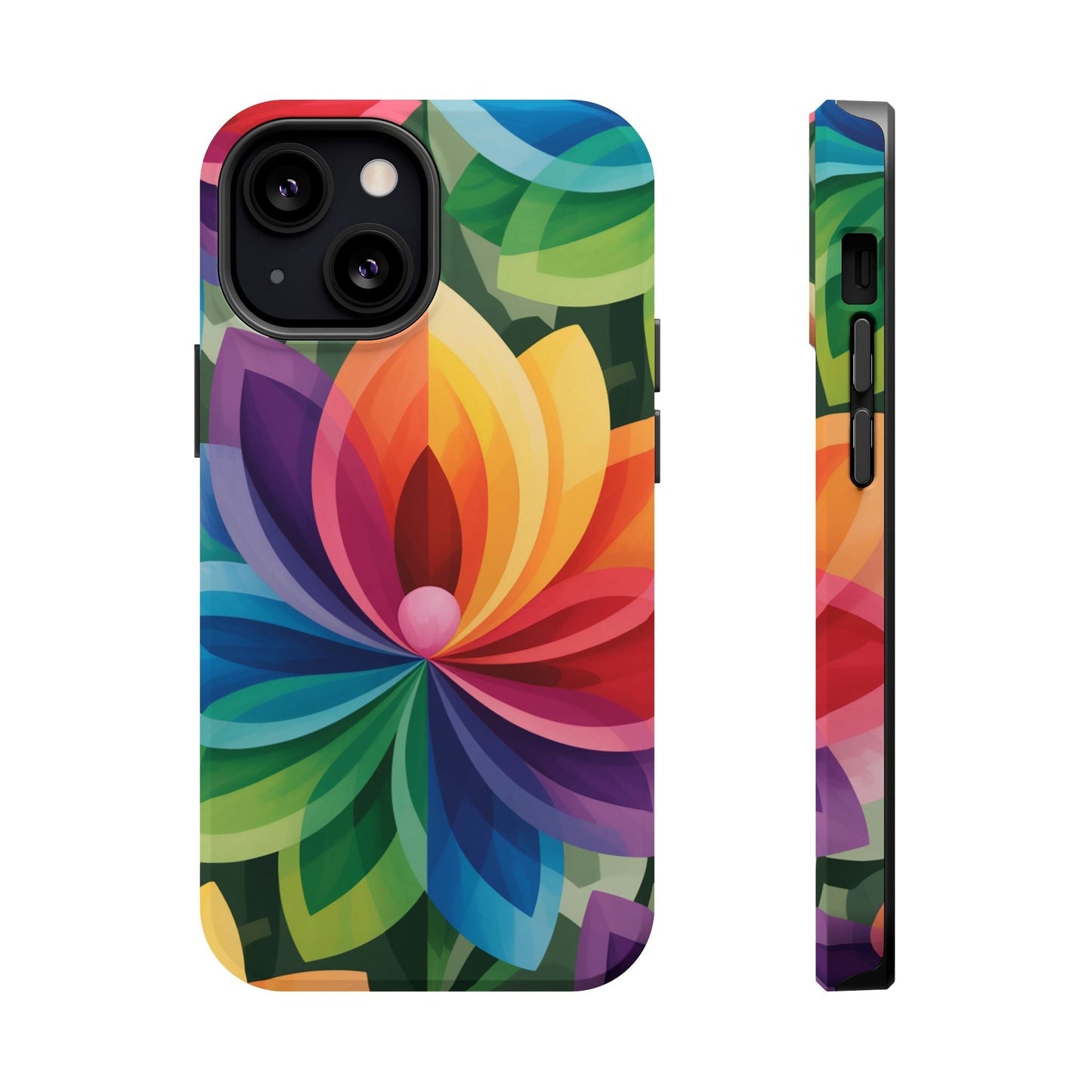 Rainbow Flower iPhone Case with vibrant multicolor floral design and magnetic tough protection