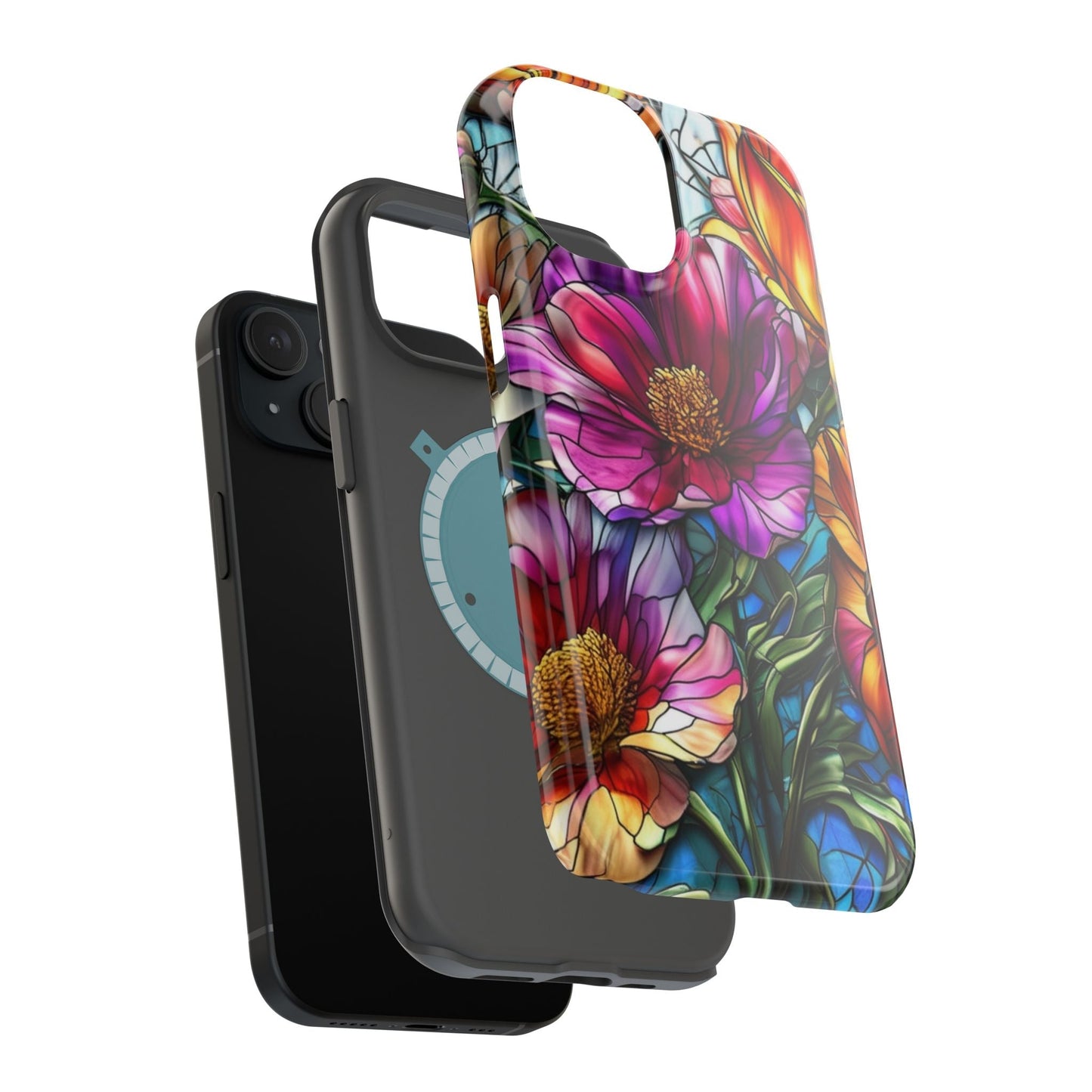 Vibrant purple flower iPhone case with durable polycarbonate and TPU liner, impact resistant, MagSafe compatible, glossy or matte finish