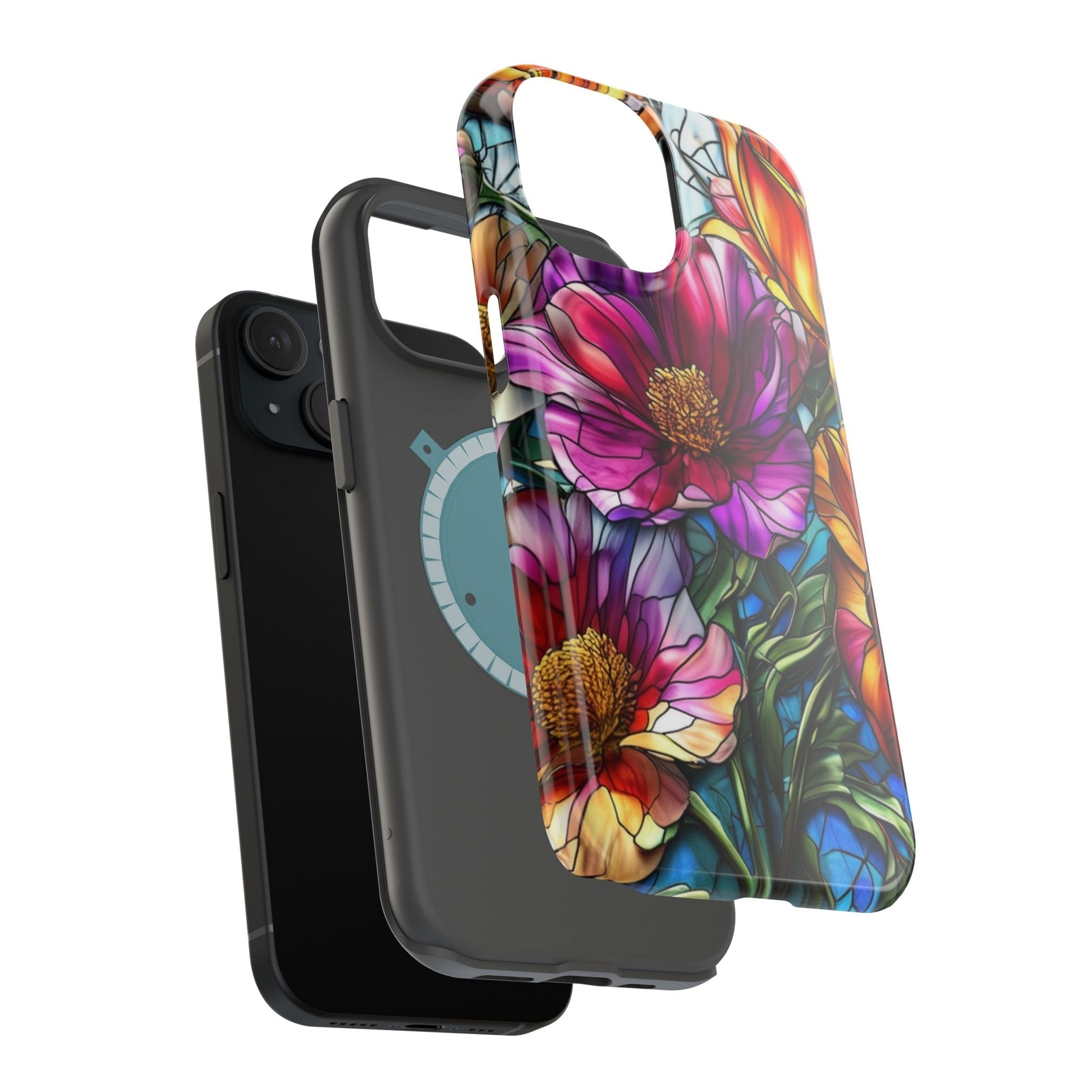Vibrant purple flower iPhone case with durable polycarbonate and TPU liner, impact resistant, MagSafe compatible, glossy or matte finish