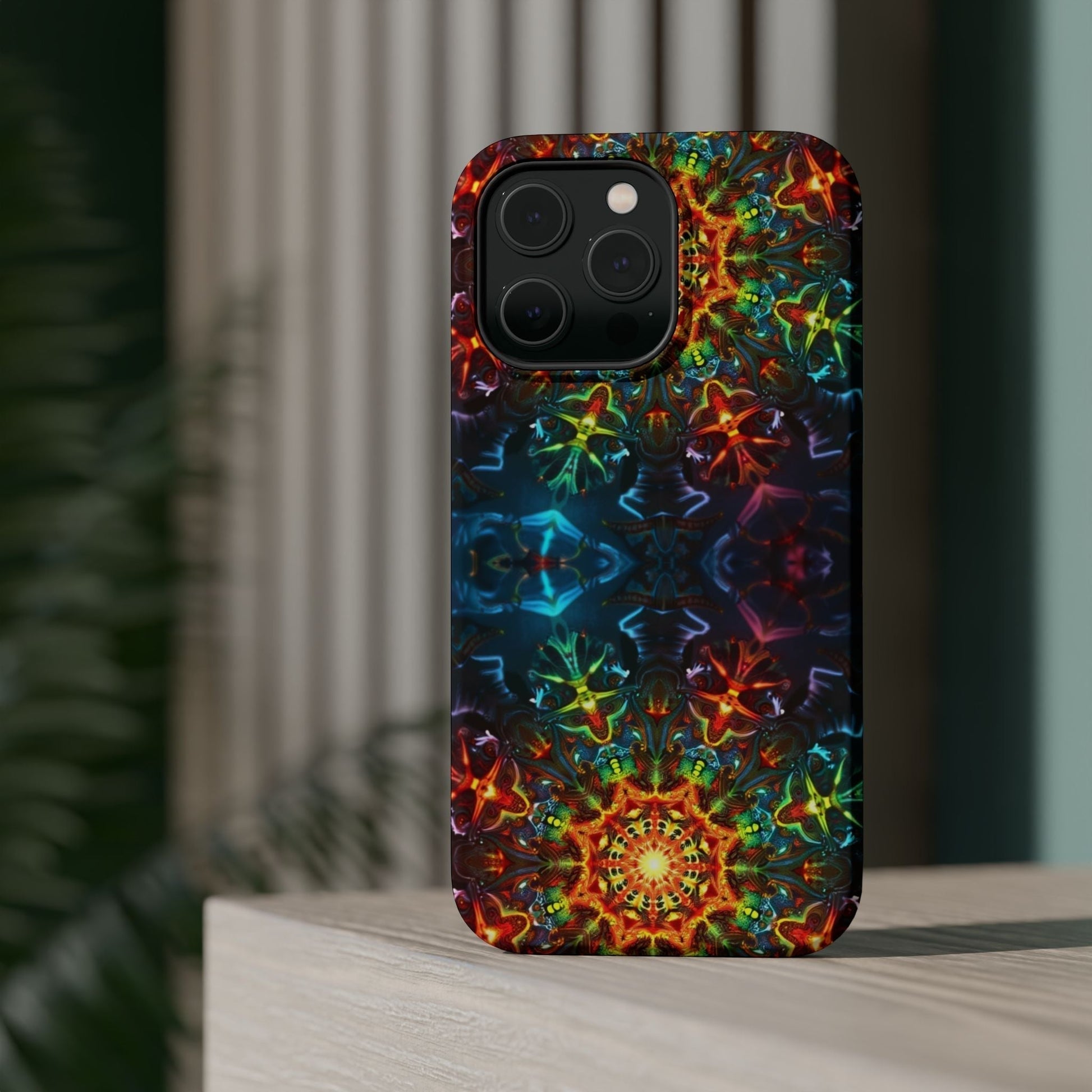 iPhone magnetic tough case with vibrant abstract kaleidoscope design in colorful pattern