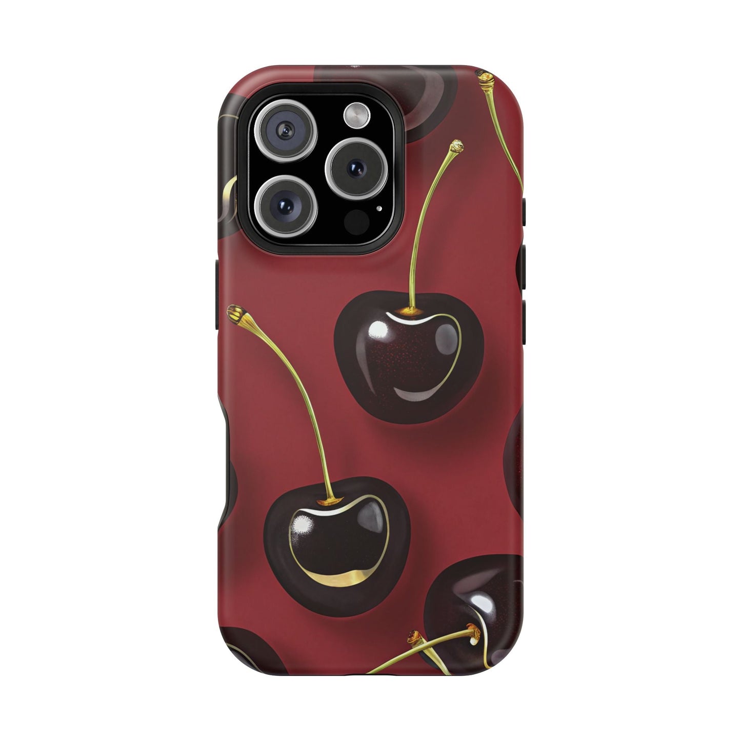Cherry iPhone tough case with vibrant photo-realistic cherry design and durable dual-layer protection, MagSafe compatible.